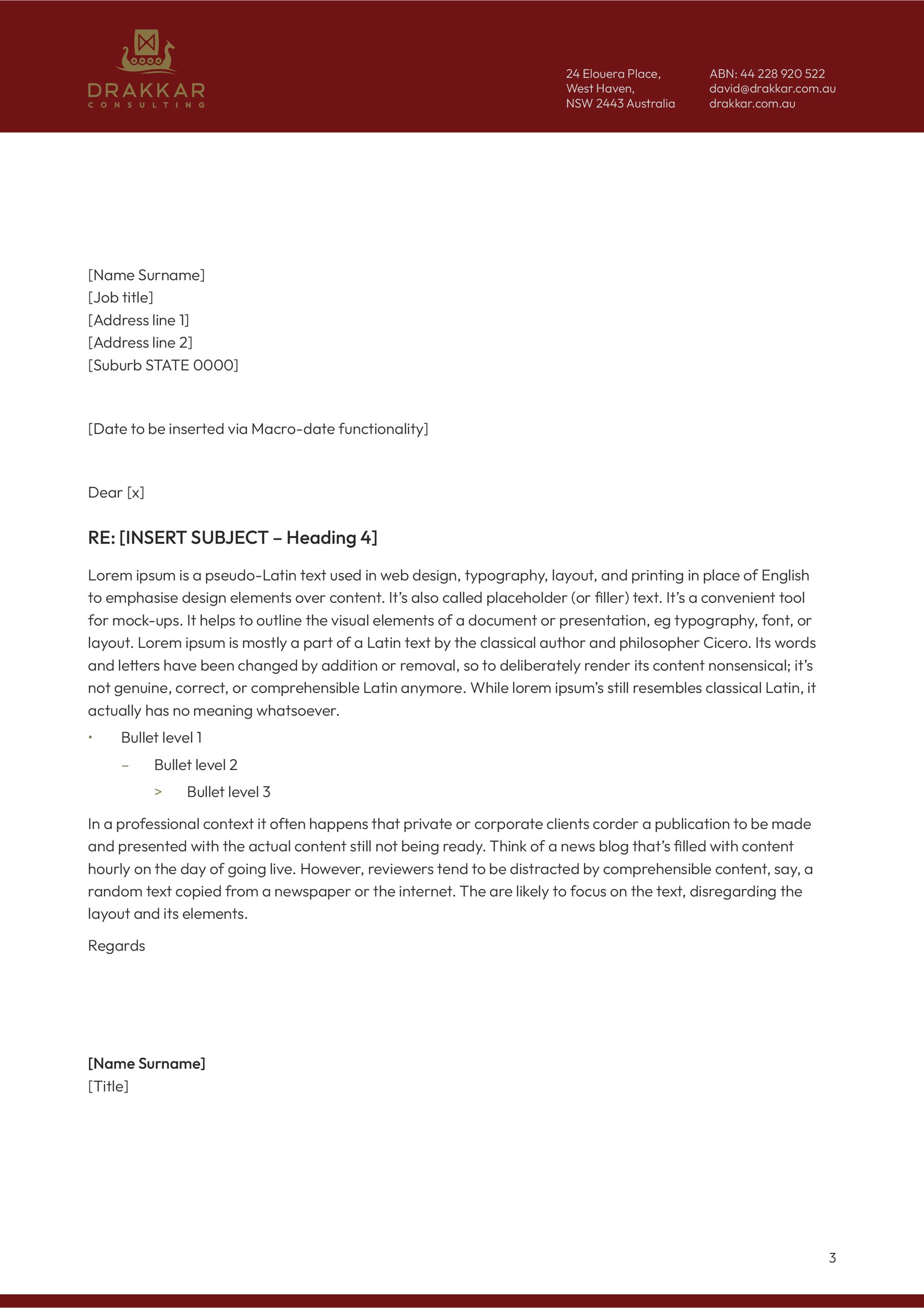 Drakkar A4 portrait Word document - letterhead with burgundy header and footer