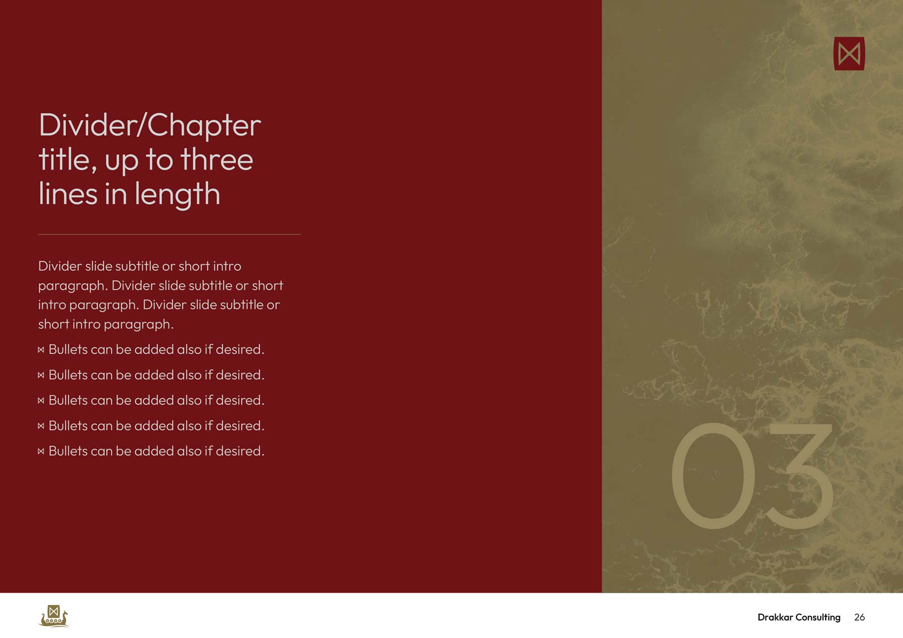 Drakkar A4 landscape PowerPoint document - burgundy and gold numbered divider page