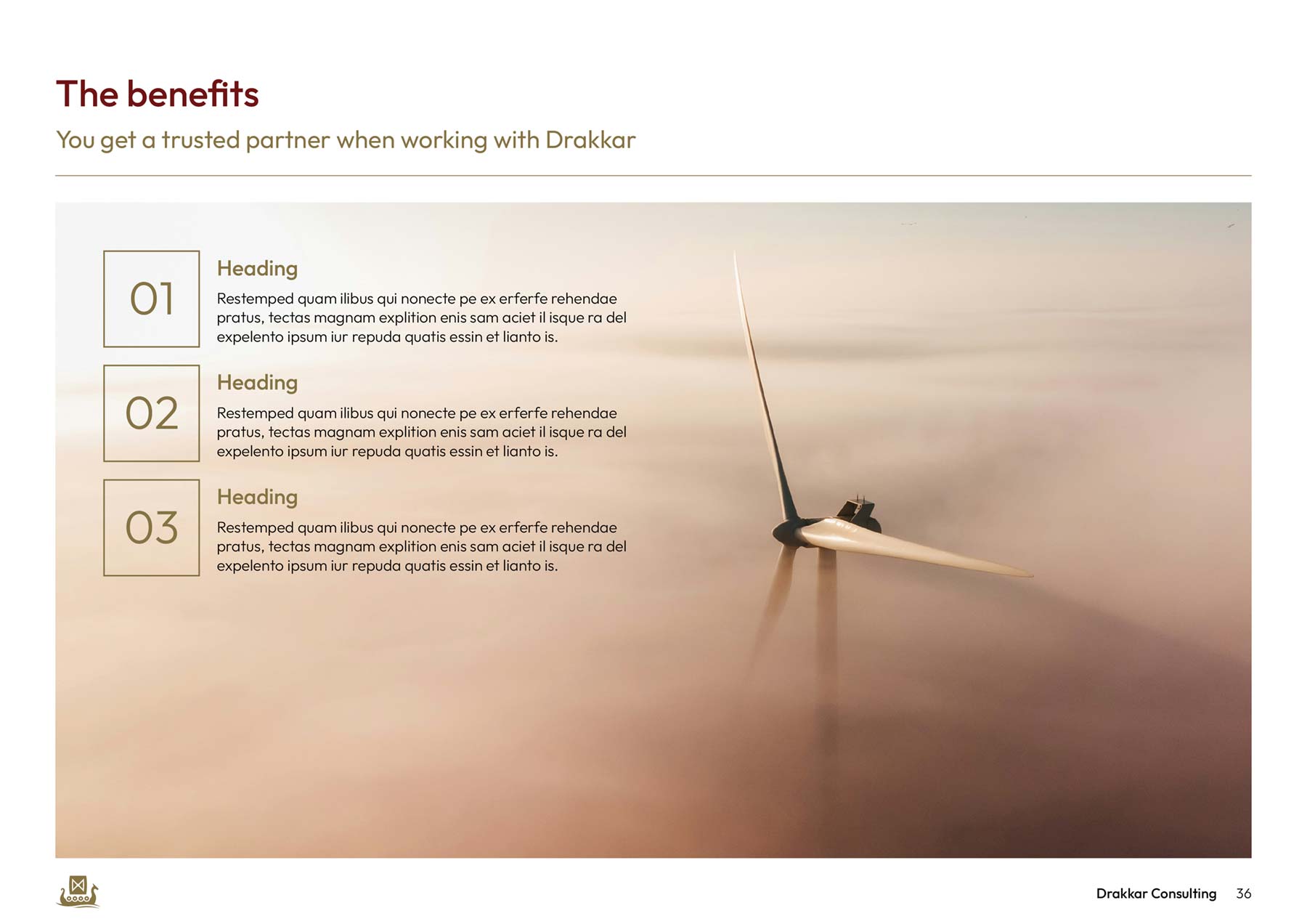 Drakkar A4 landscape PowerPoint document - image of wind farm with numbered text on left