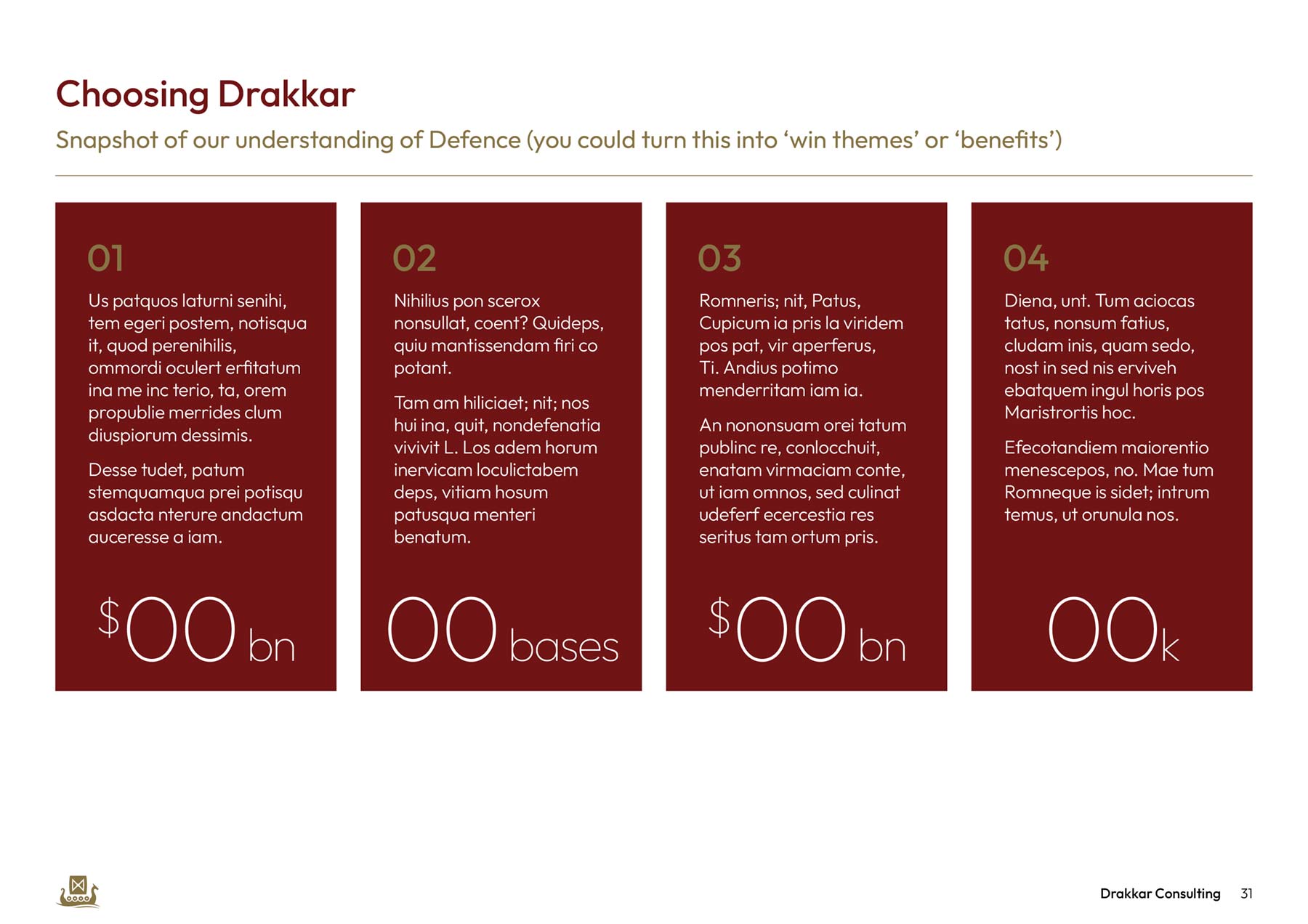 Drakkar A4 landscape PowerPoint document - burgundy and gold with four columns of text and data