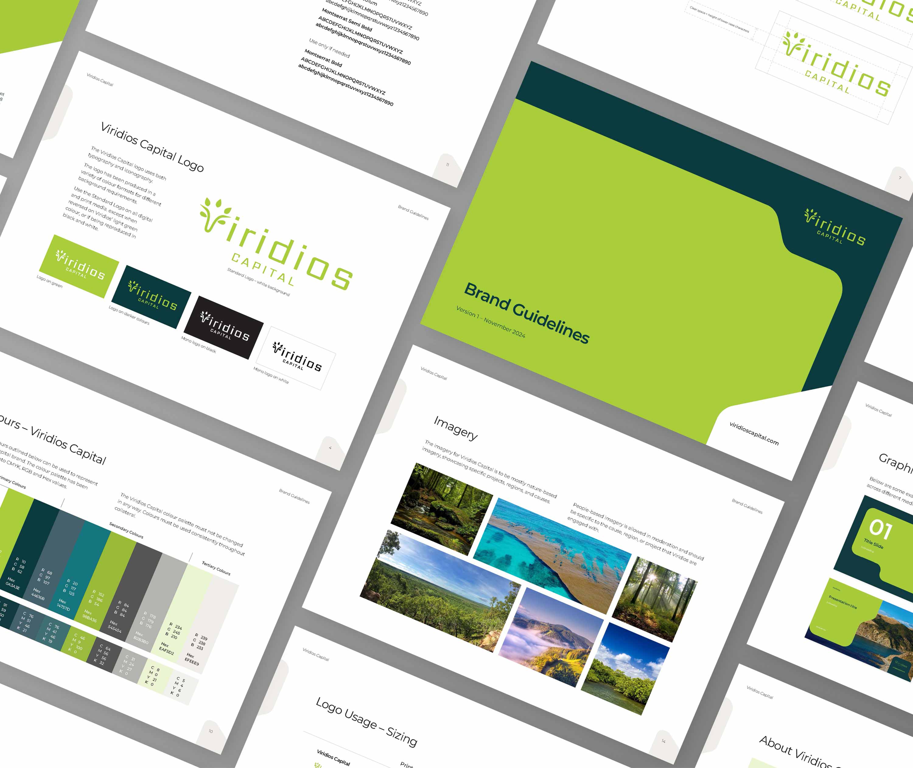 Flat a4 pages of the Viridios brand guidelines laid out on an angle.