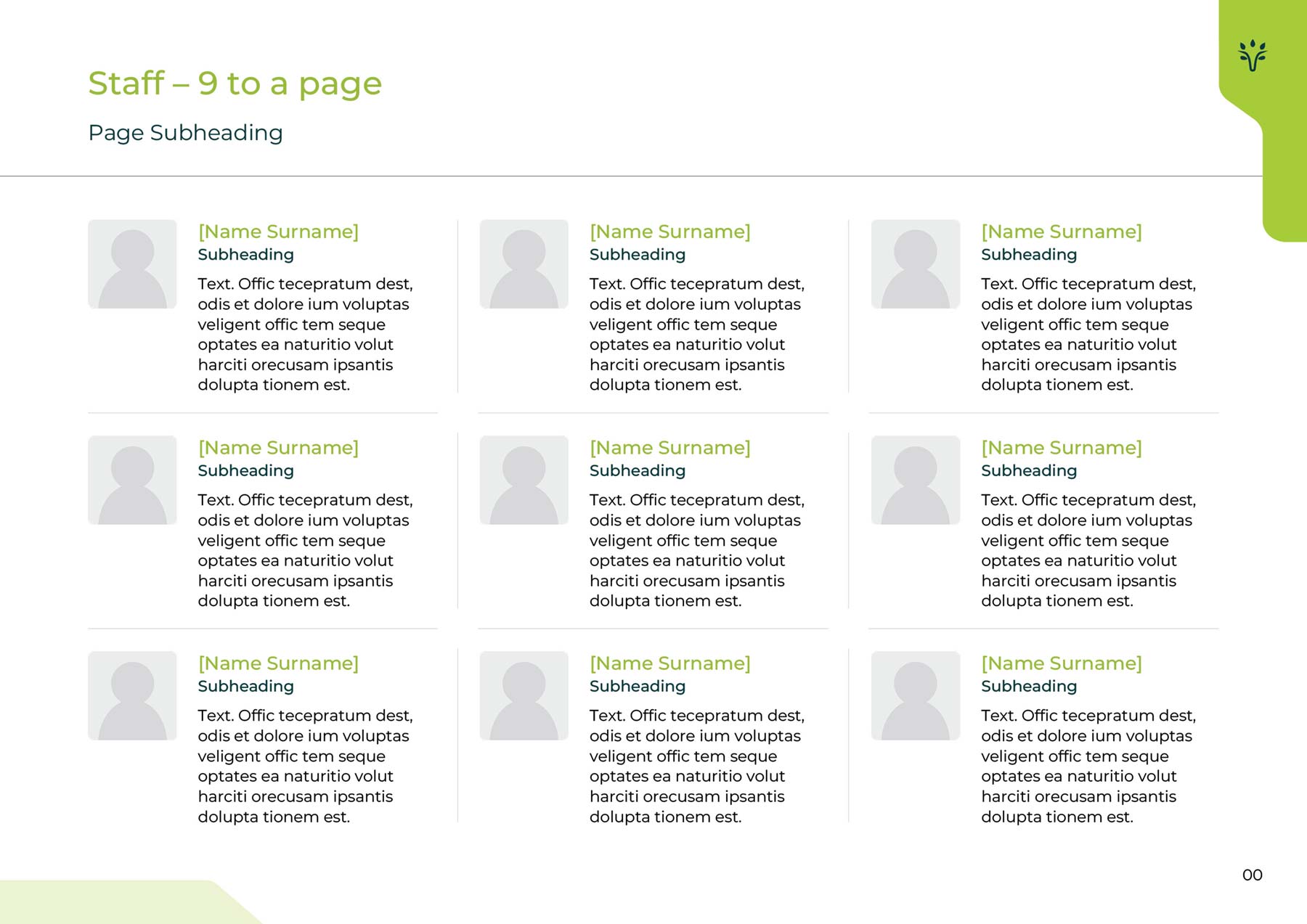 Viridios A4 template page with 9 x cv spaces for name, text and image
