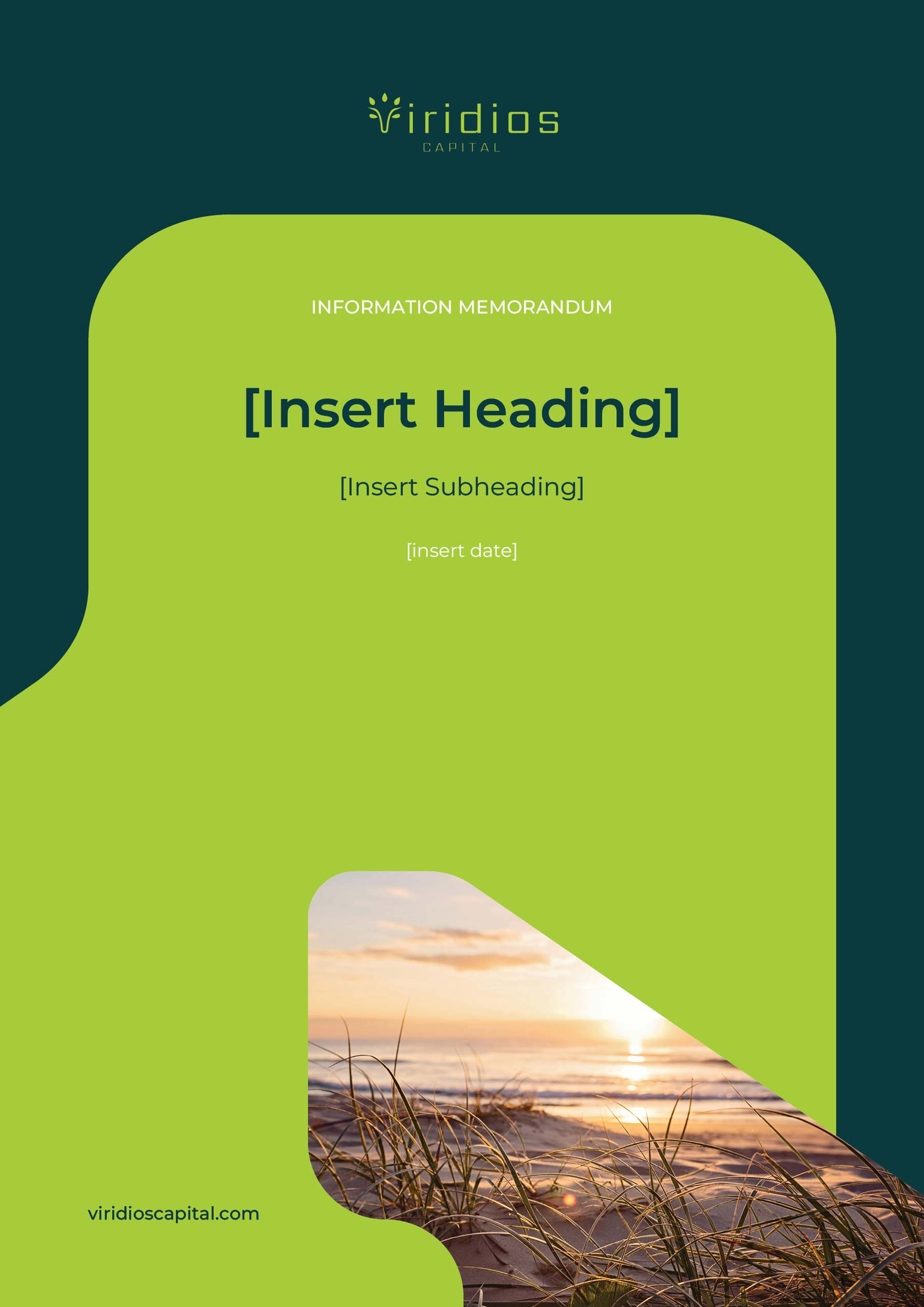 Viridios A4 template cover page - green with forest green branding and image of the beach