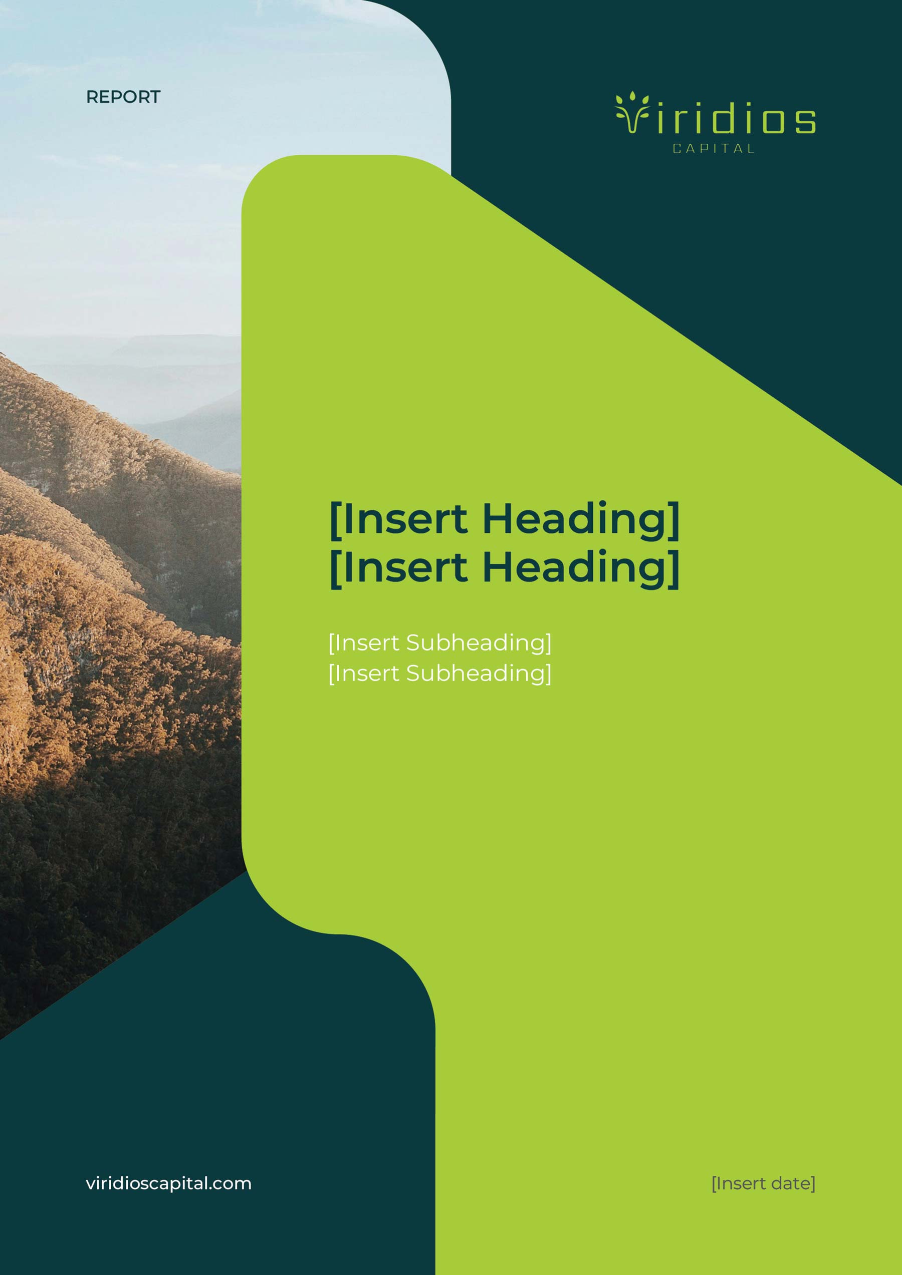Viridios A4 template cover page - green with forest green branding and image of the mountains
