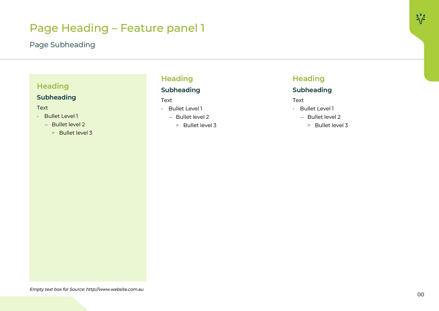 Viridios A4 template page with light green shaded text panel on left and two other columns of text on right.