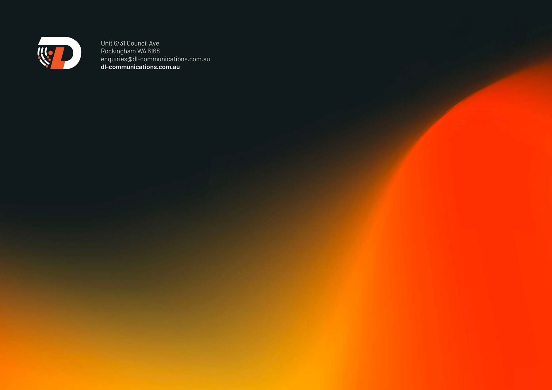 DL Communications A4 PowerPoint template - back cover with bright orange graphic, logo and address