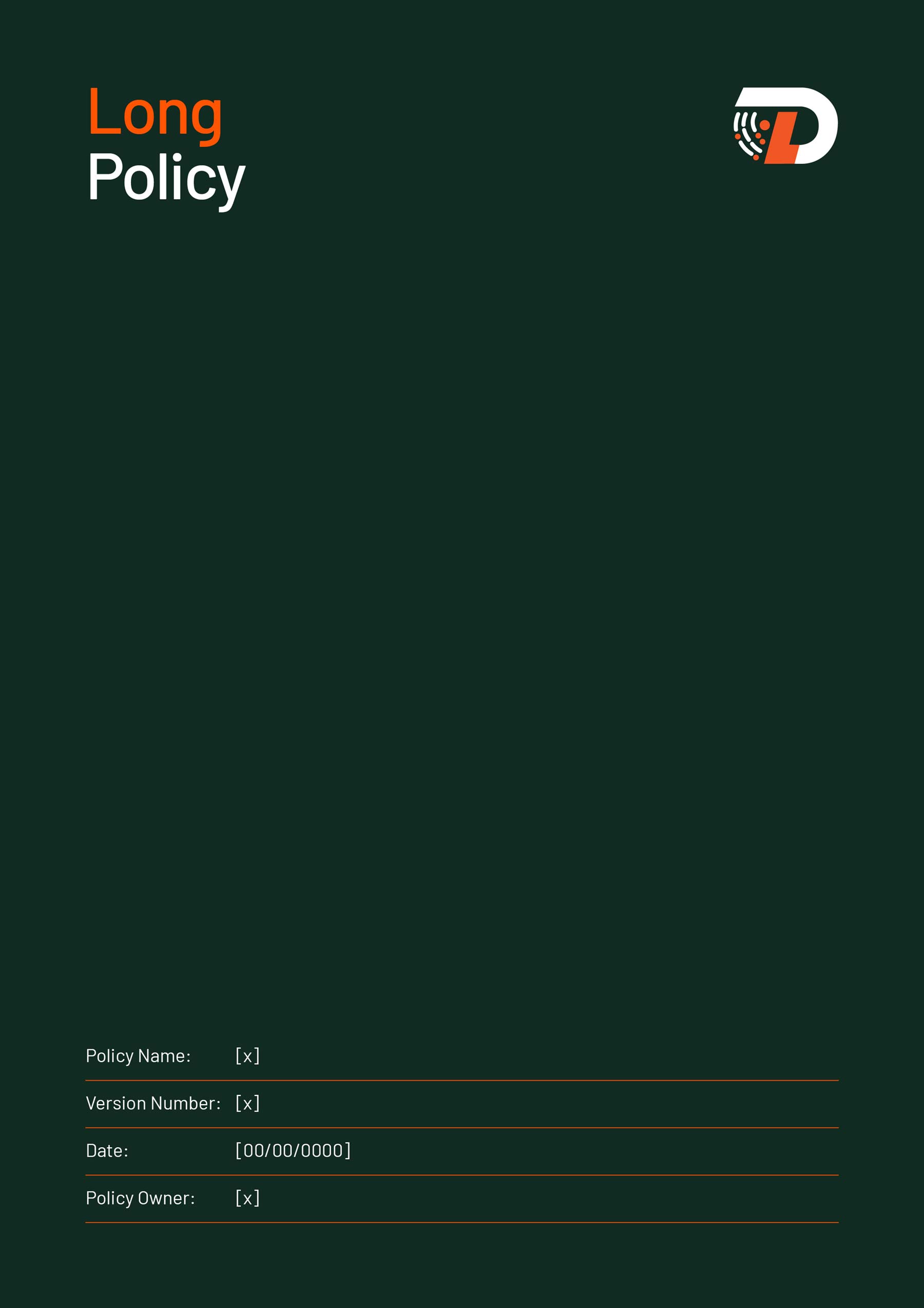 DL Communications A4 Word template - long policy cover with forest green background, logo and heading