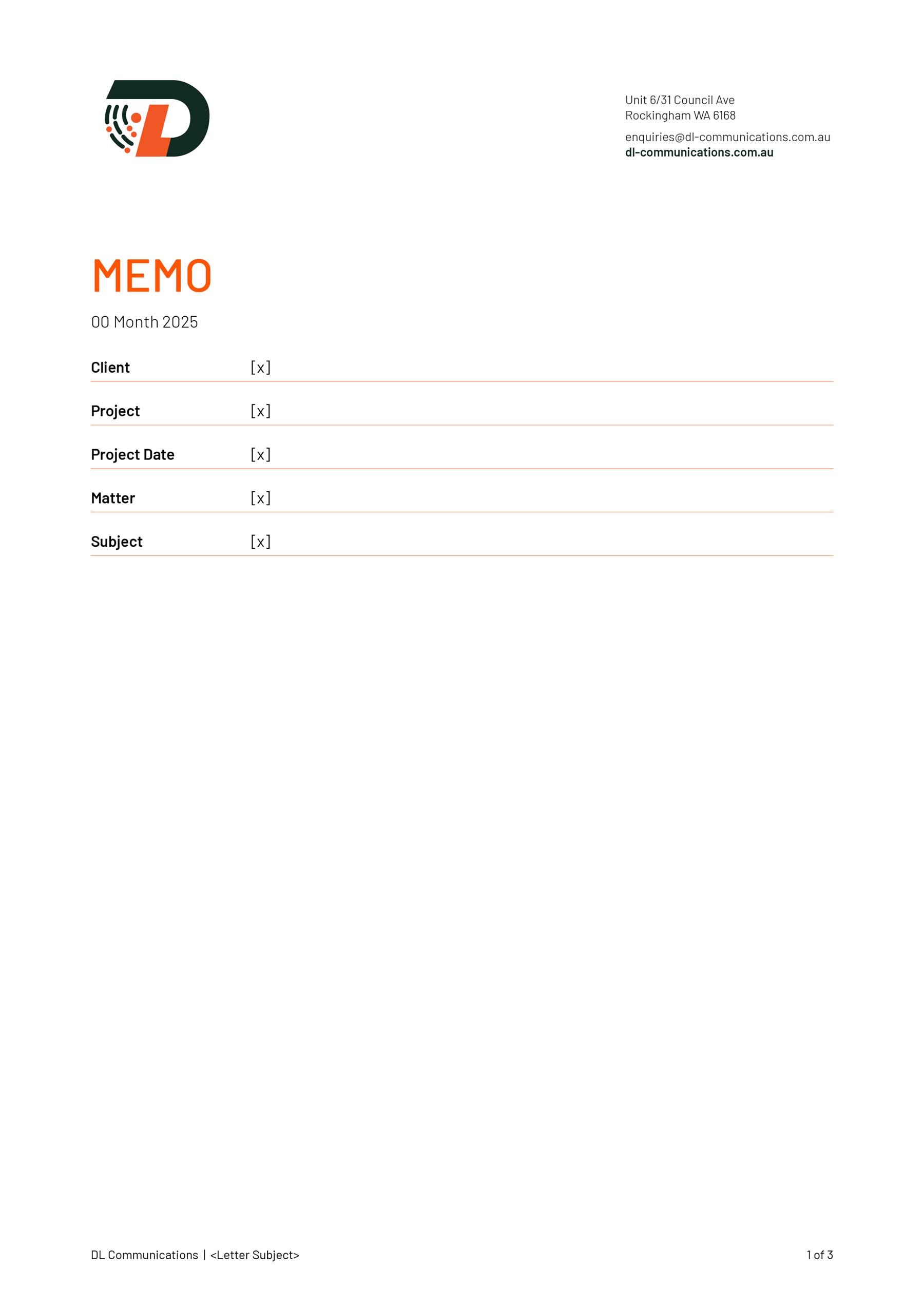 DL Communications A4 Word template - memo template with logo, table and address