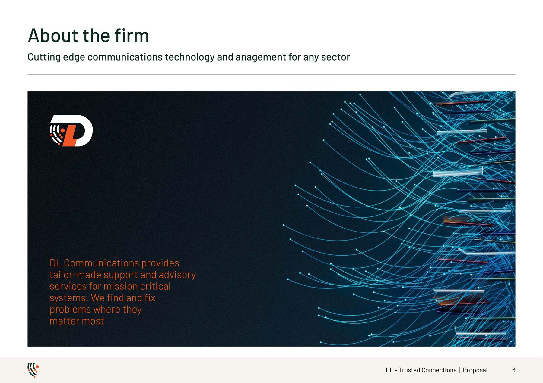 DL Communications A4 PowerPoint template - page with technology graphic, text and logo