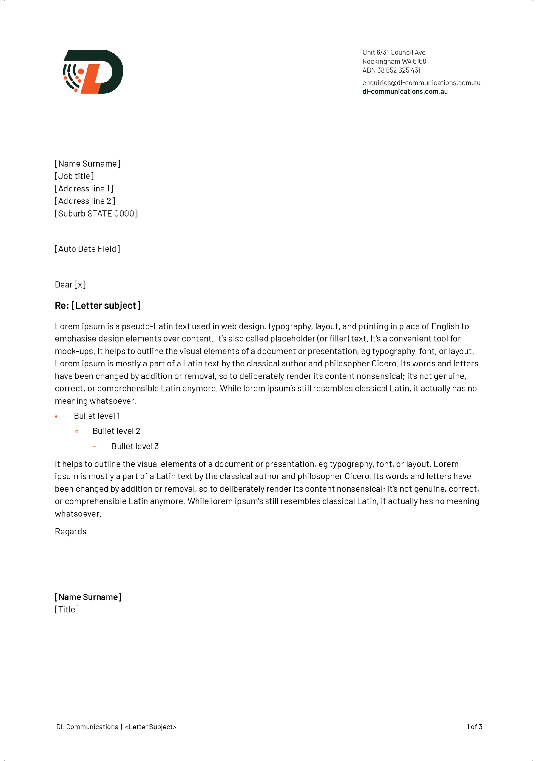 DL Communications A4 Word template - letterhead with logo, address and text content
