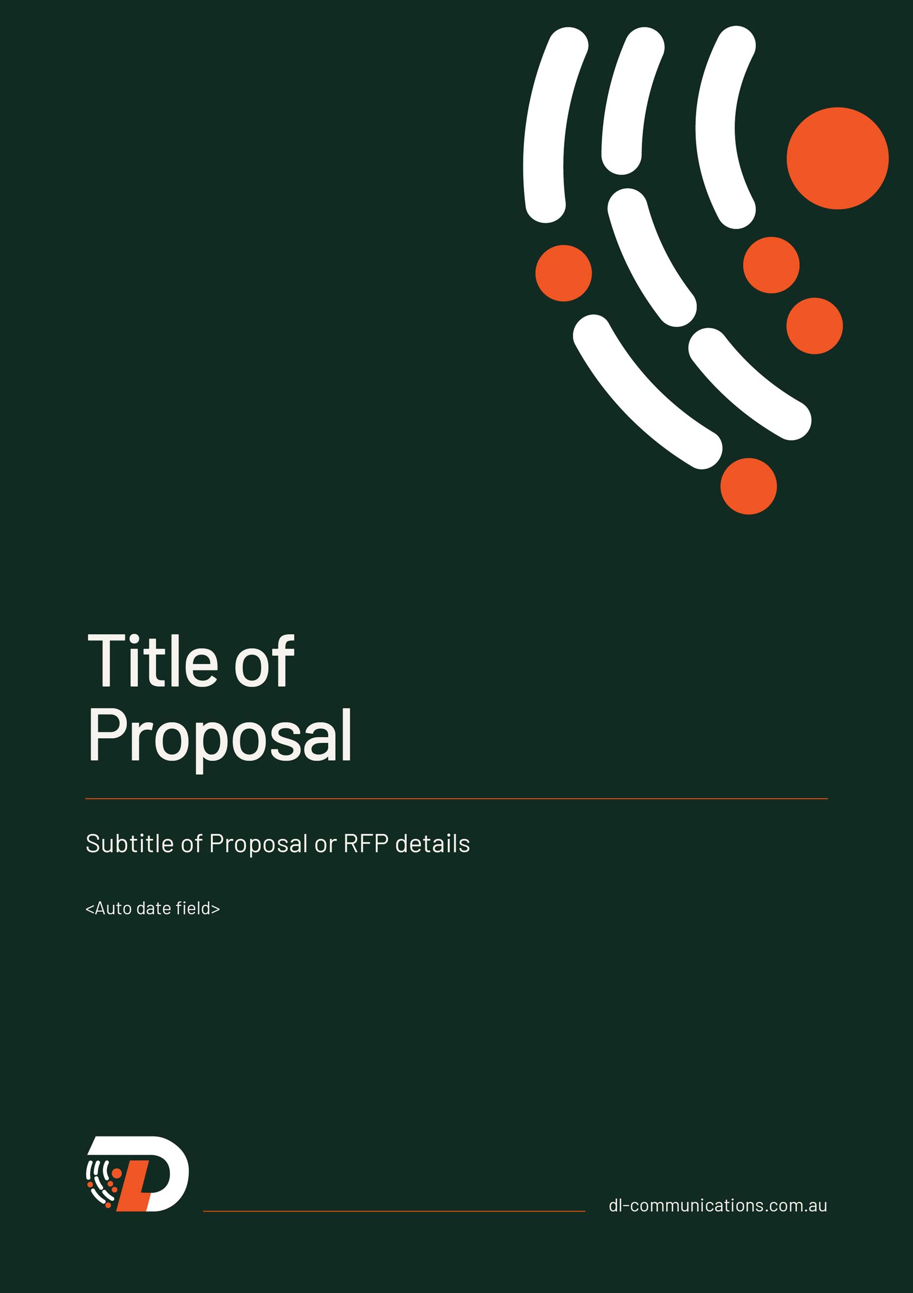 DL Communications A4 Word template - report cover page with brand graphic in top right, and headings and logo in bottom left with forest green coloured background