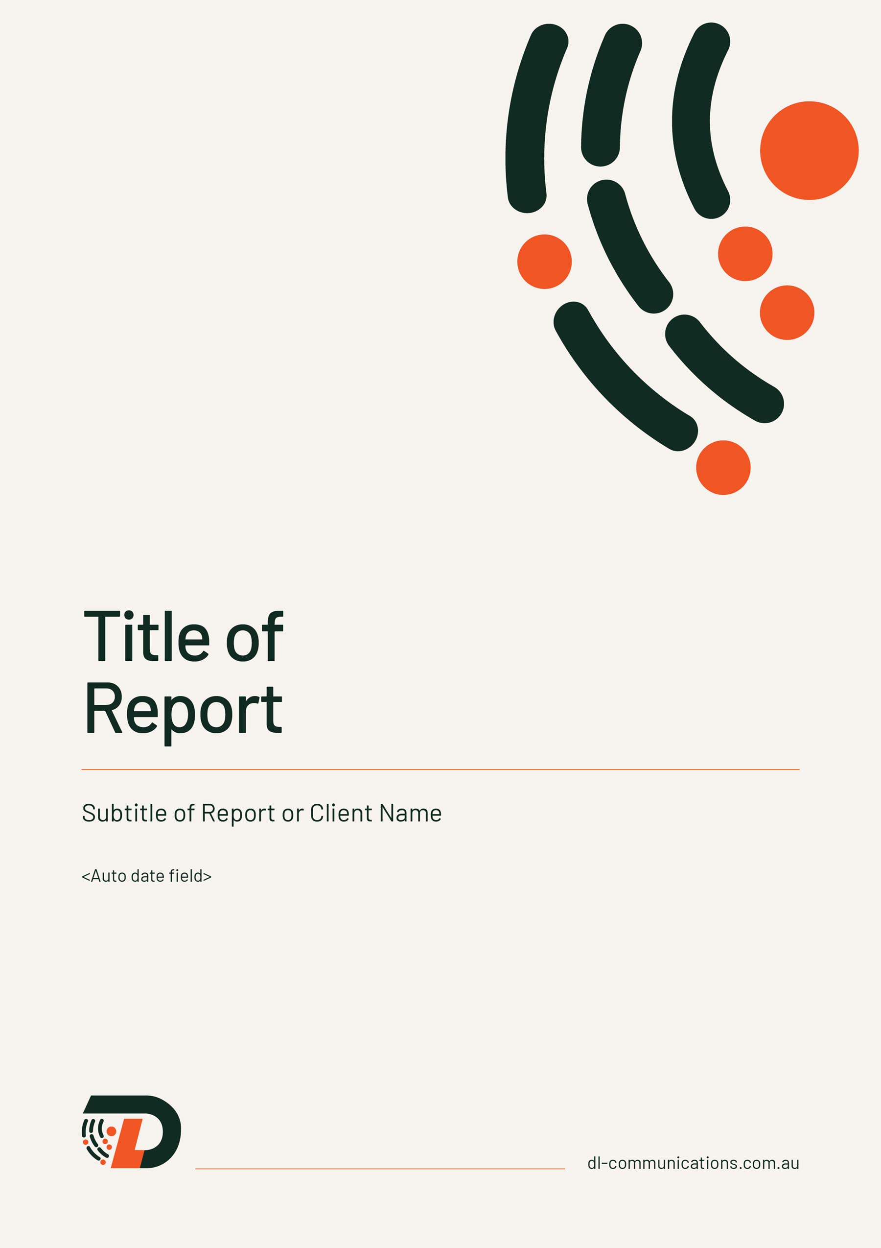 DL Communications A4 Word template - report cover page with brand graphic in top right, and headings and logo in bottom left with sand coloured background