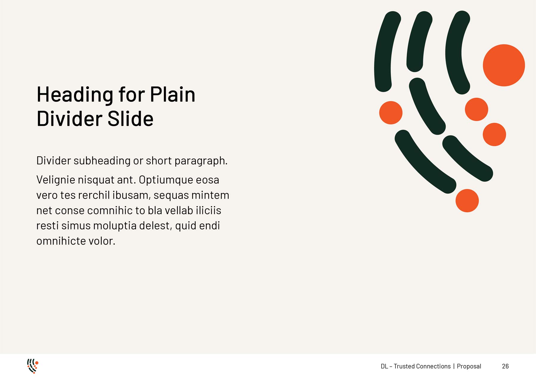 DL Communications A4 PowerPoint template - divider page with brand graphic in top right corner, then heading and text for the divider on the left