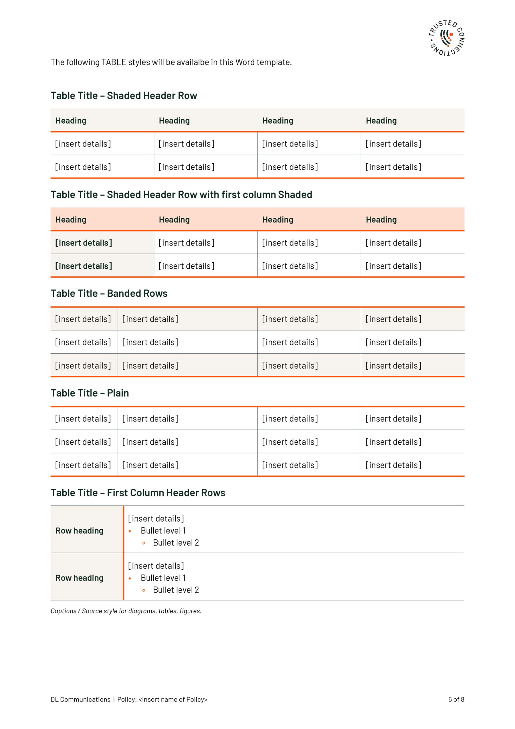 DL Communications A4 Word template - page showing the different table styles