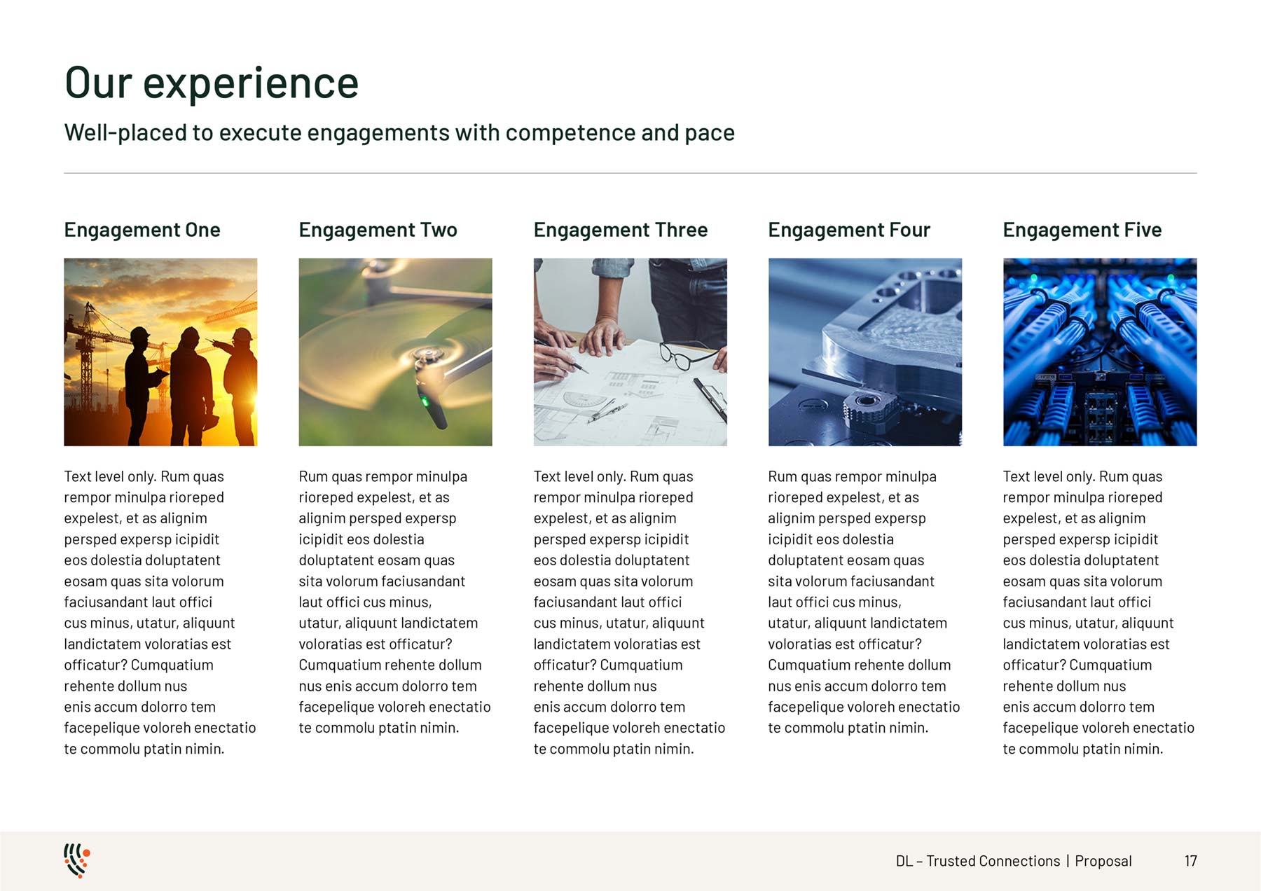 DL Communications A4 PowerPoint template - 5 x vertical columns with images, heading and text.