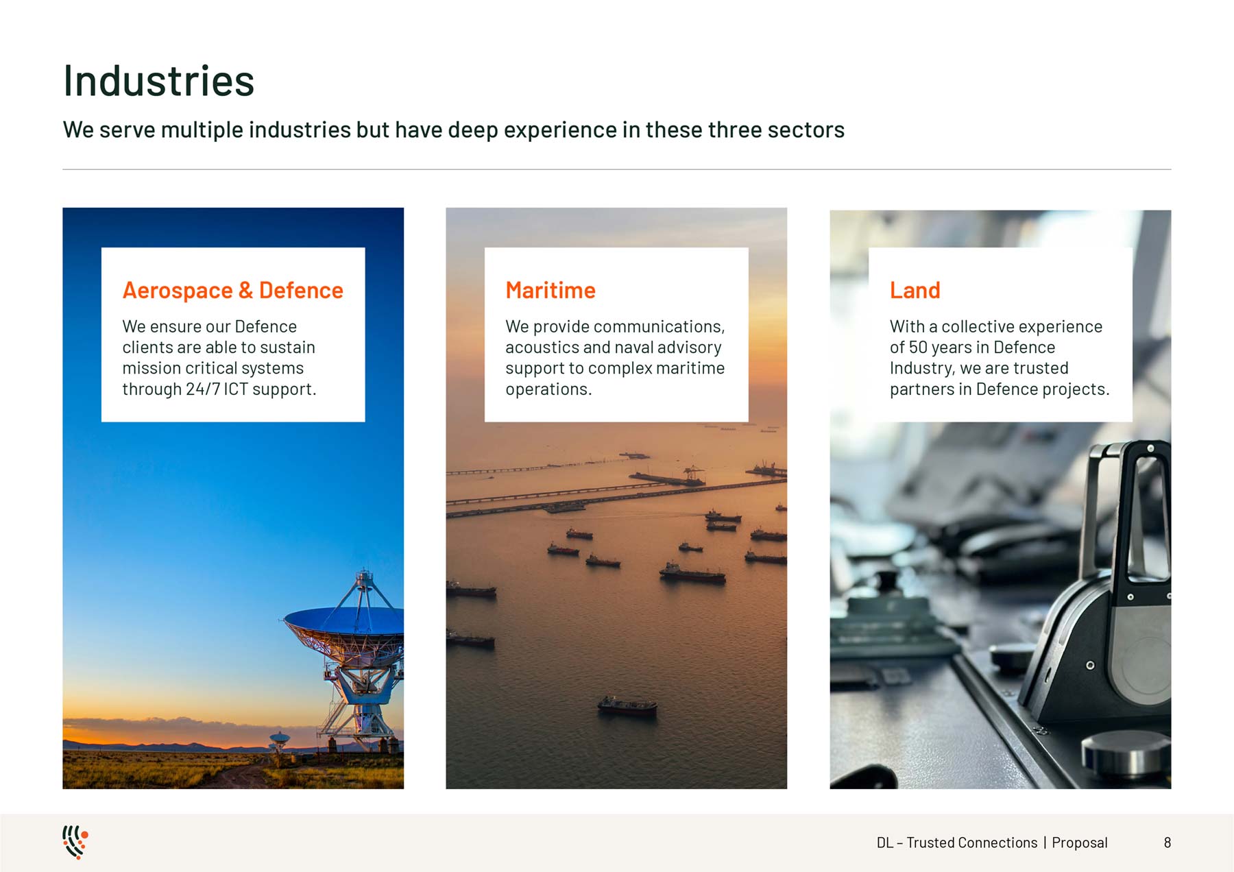 DL Communications A4 PowerPoint template - page with 3 vertical images with text overlaid in white