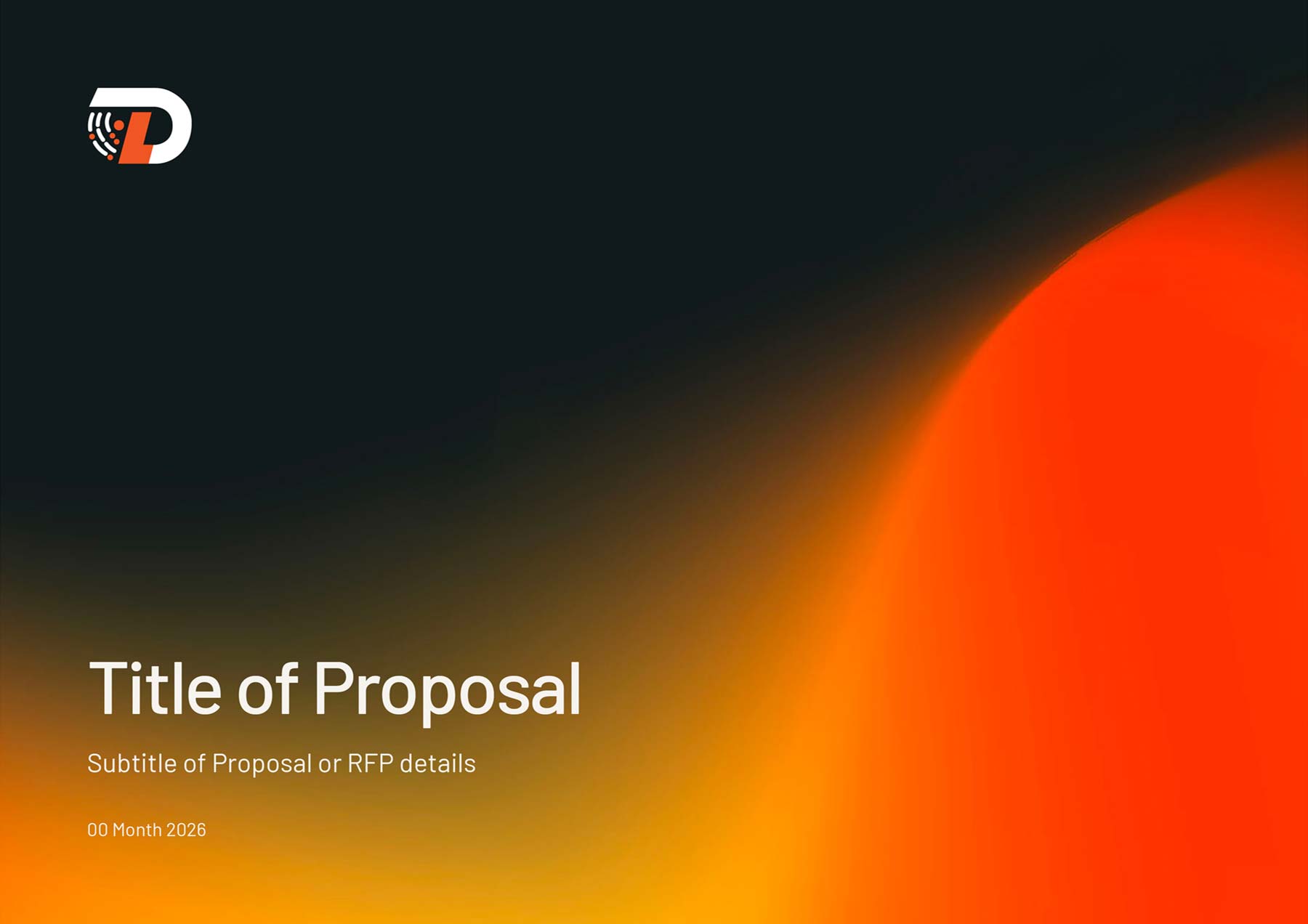 DL Communications A4 PowerPoint template - front cover with bright orange graphic, logo and headings