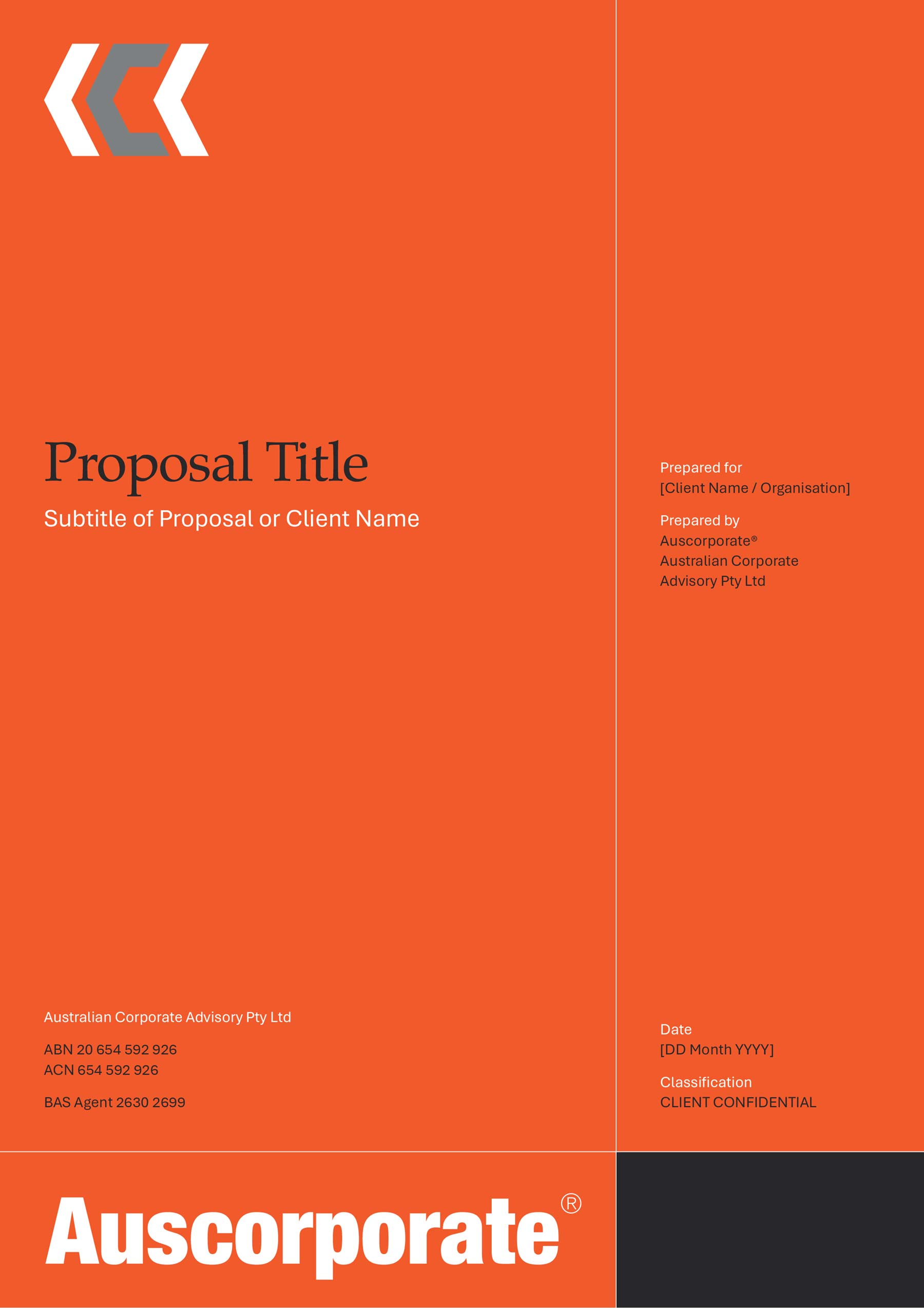 Auscorporate A4 Word template - front cover page with orange background with black highlights