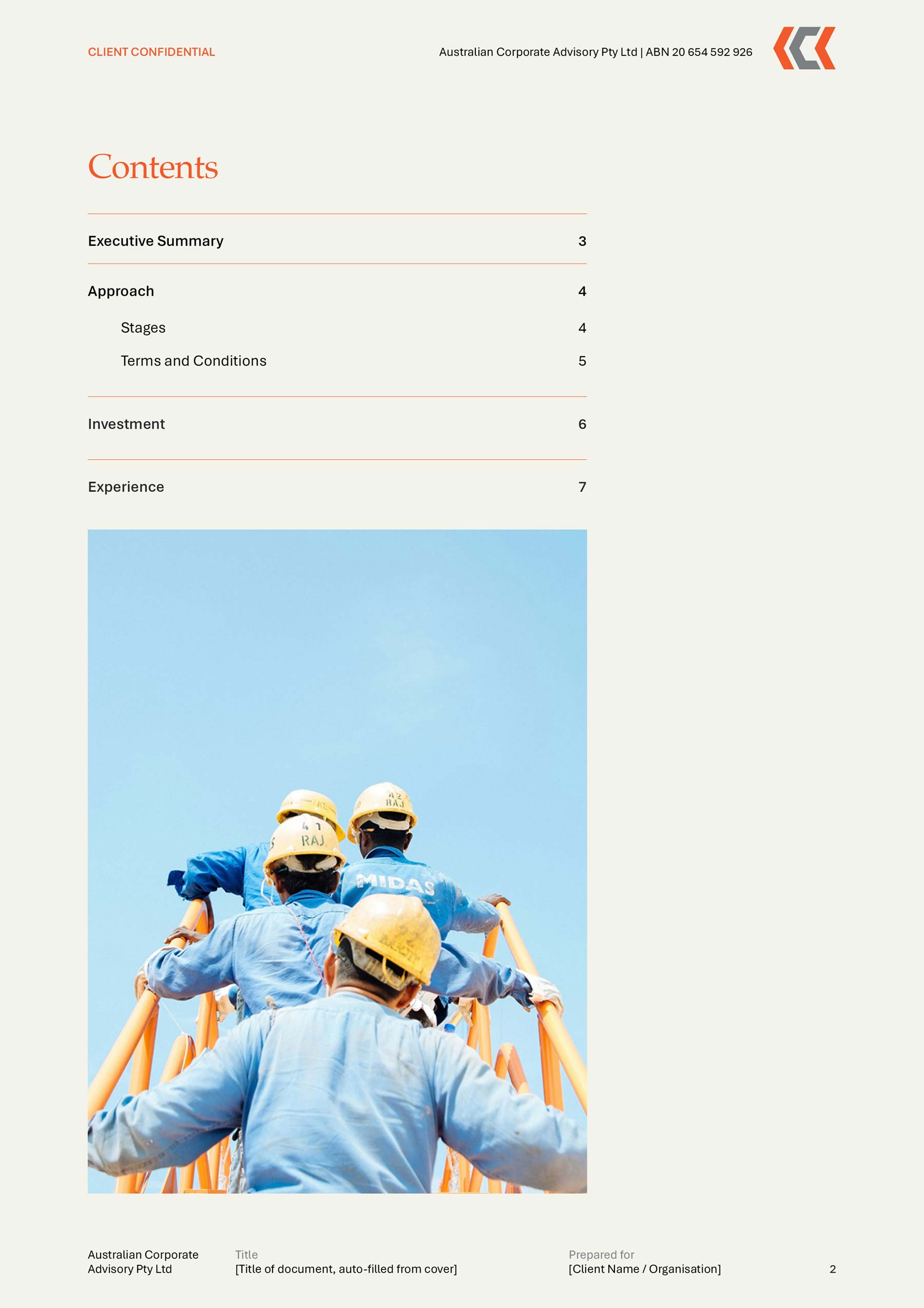Auscorporate A4 Word template - with contents page on sand coloured background and image of industrial workers with hard hats at bottom