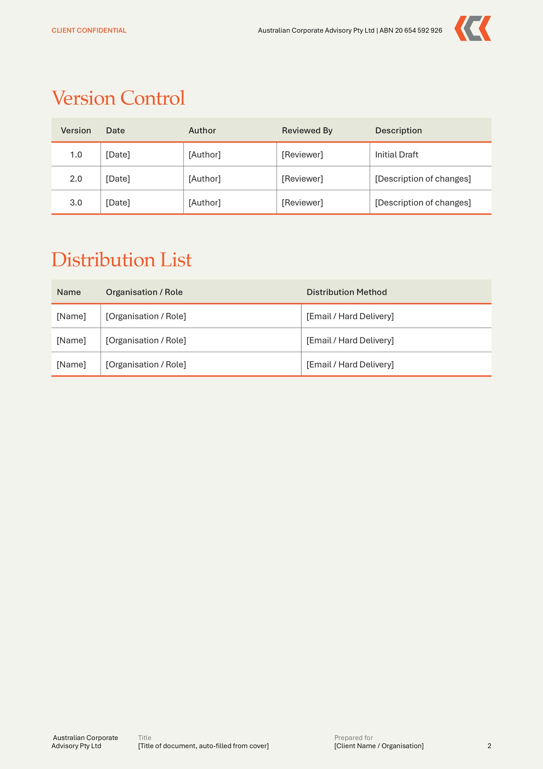 Auscorporate A4 Word template - with governance tables on sand coloured background