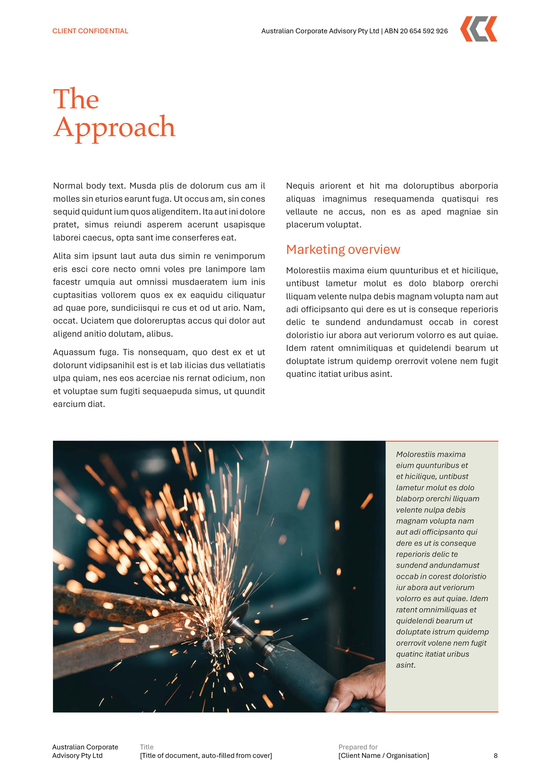 Auscorporate A4 Word template - The Approach heading at top, 2 columns of text, and image at bottom with caption to the right of the image.