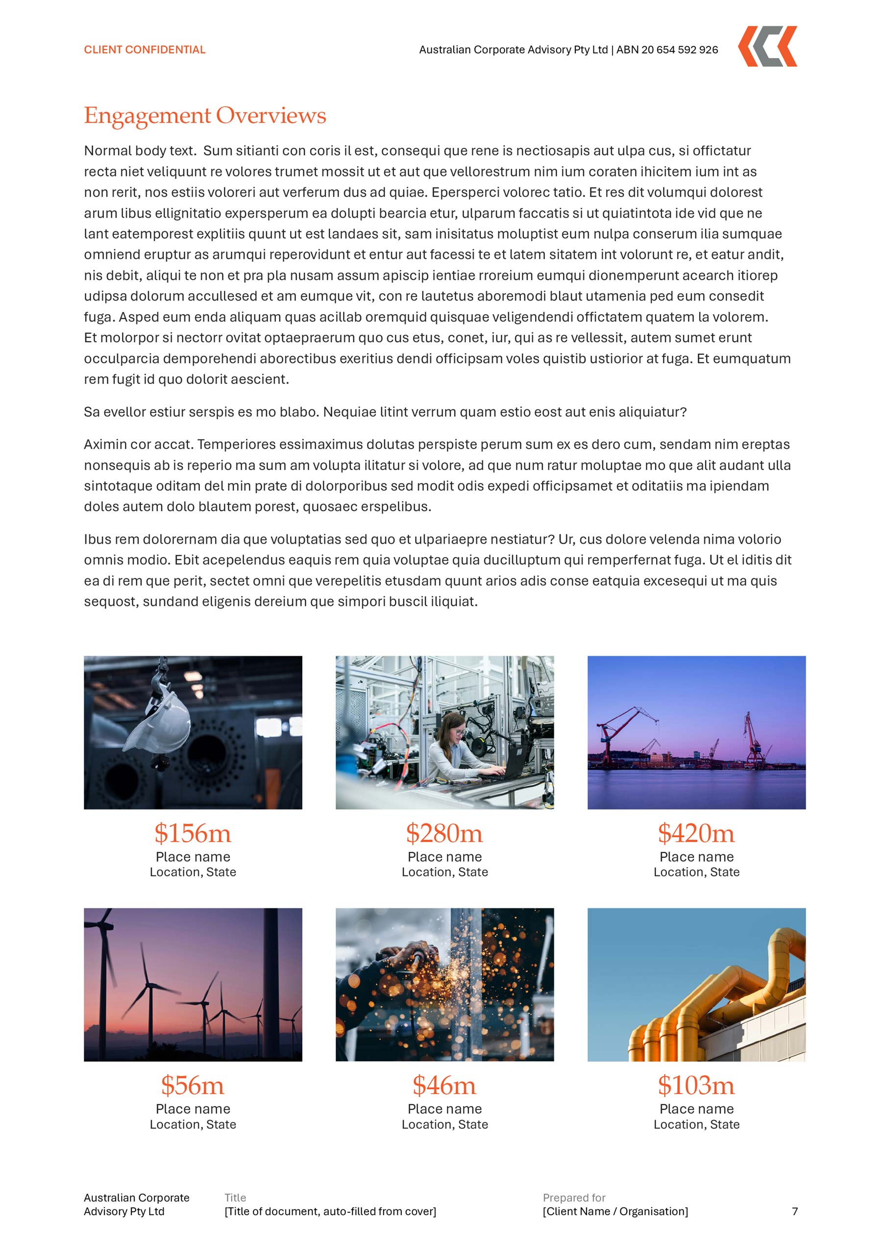 Auscorporate A4 Word template - Text at top with 6 x images at bottom with data text underneath.