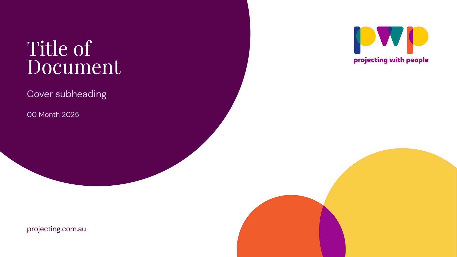 Projecting with People A4 template - cover with large yellow, purple and orange half circles, heading and logo