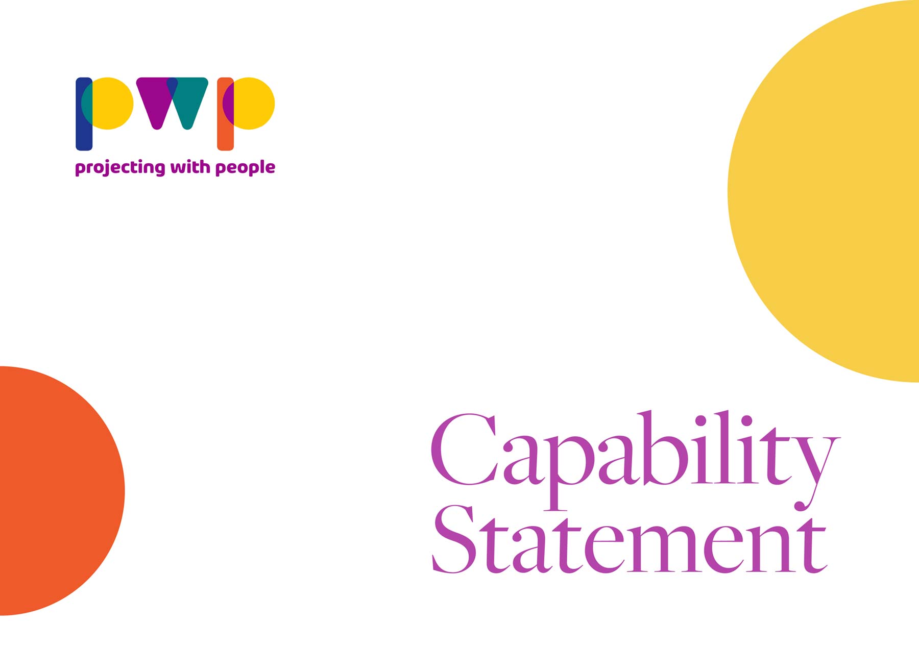 Projecting with People Capability Statement - cover with large yellow and orange half circles, heading and logo