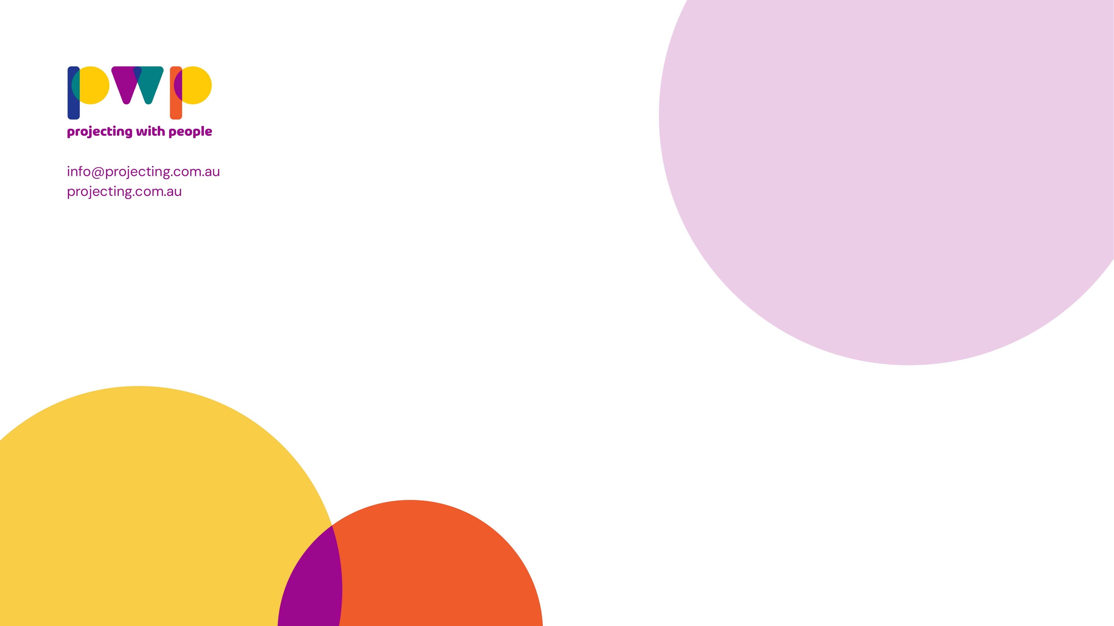 Projecting with People A4 template - back cover with large yellow and orange half circles, address and logo