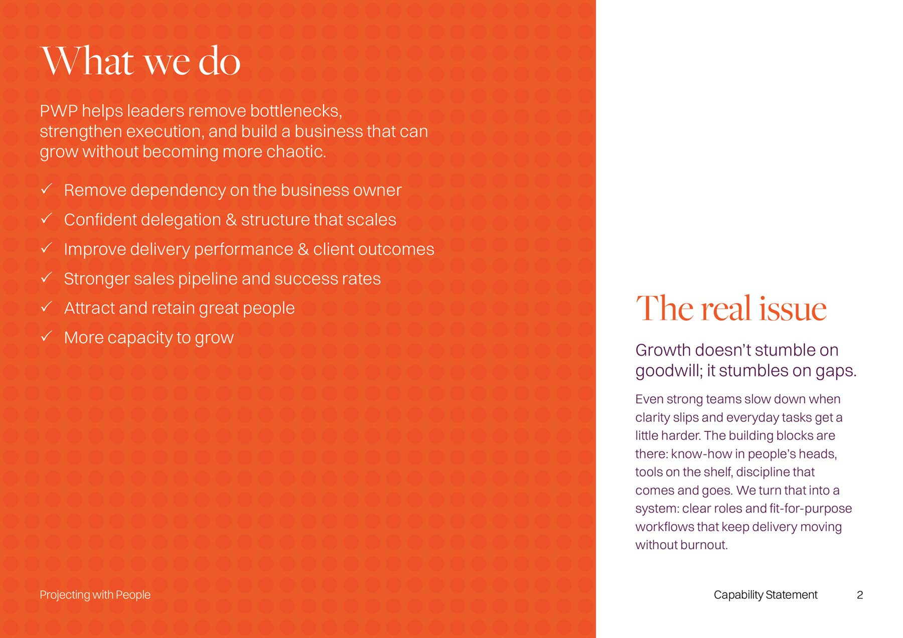 Projecting with People A4 template - orange 2/3 of page on left with white column of text on right.