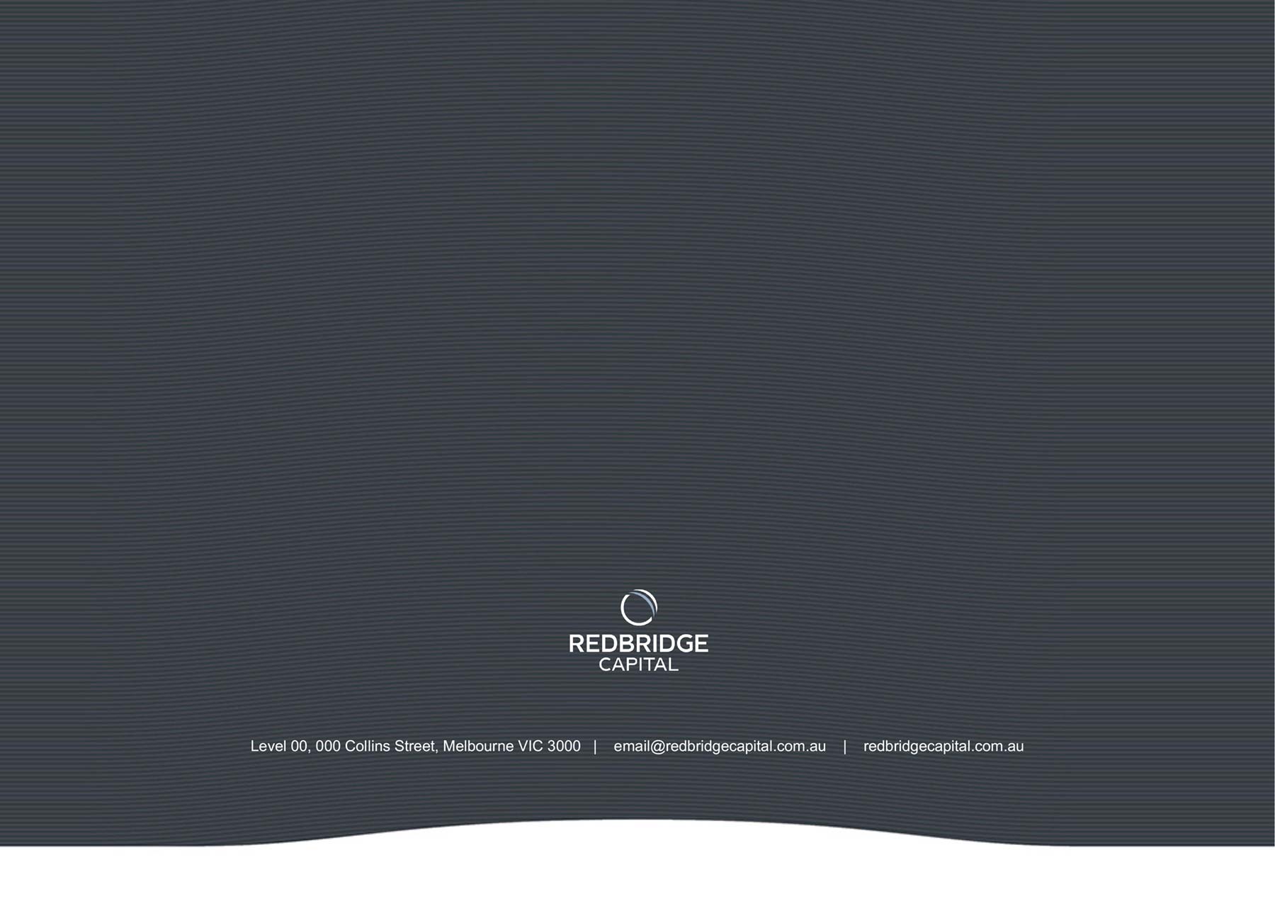 Redbridge Capital - A4 landscape PowerPoint back page with logo, brand graphic and address