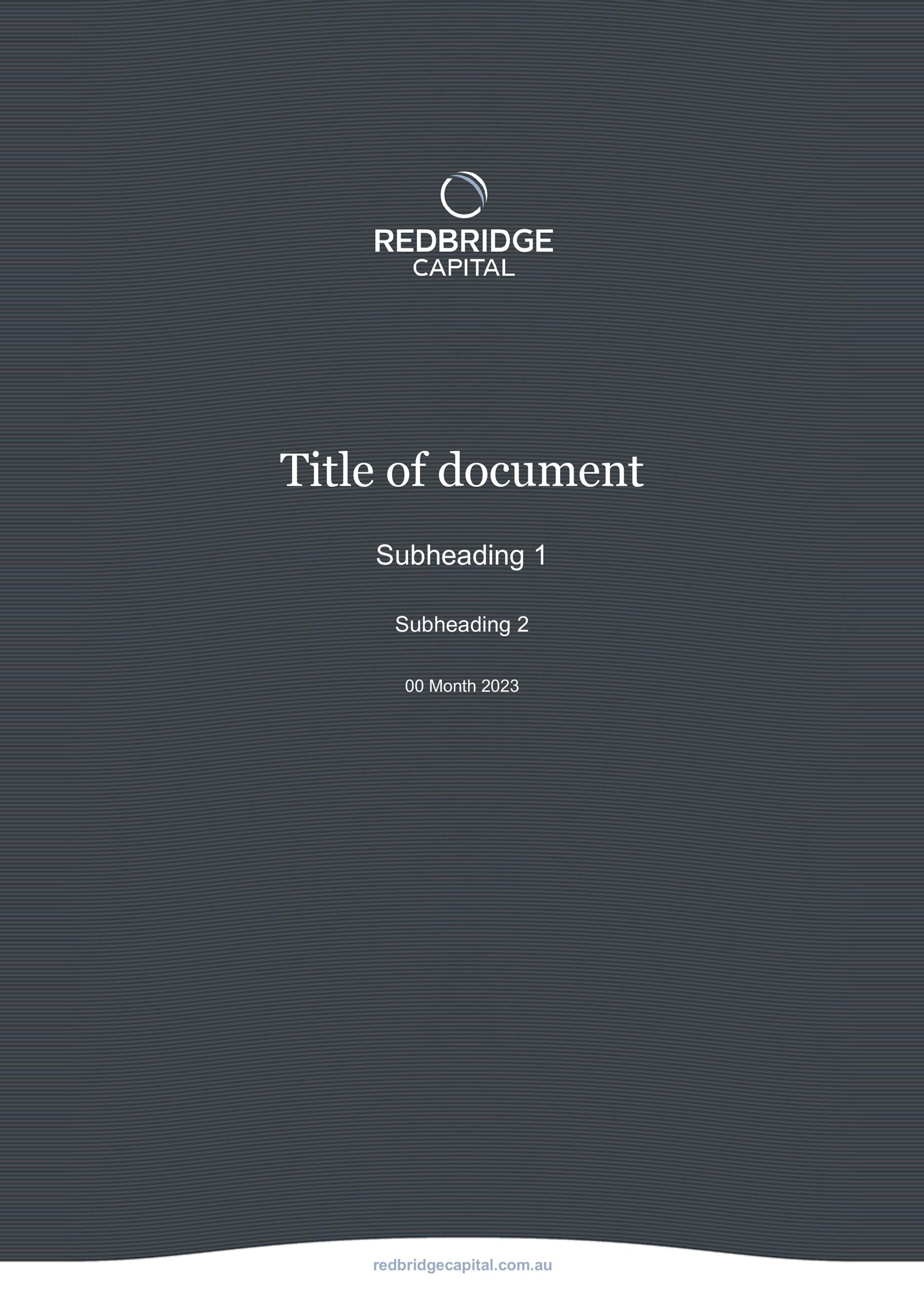Redbridge Capital - A4 portrait document cover page with blue brand graphic, logo and headings