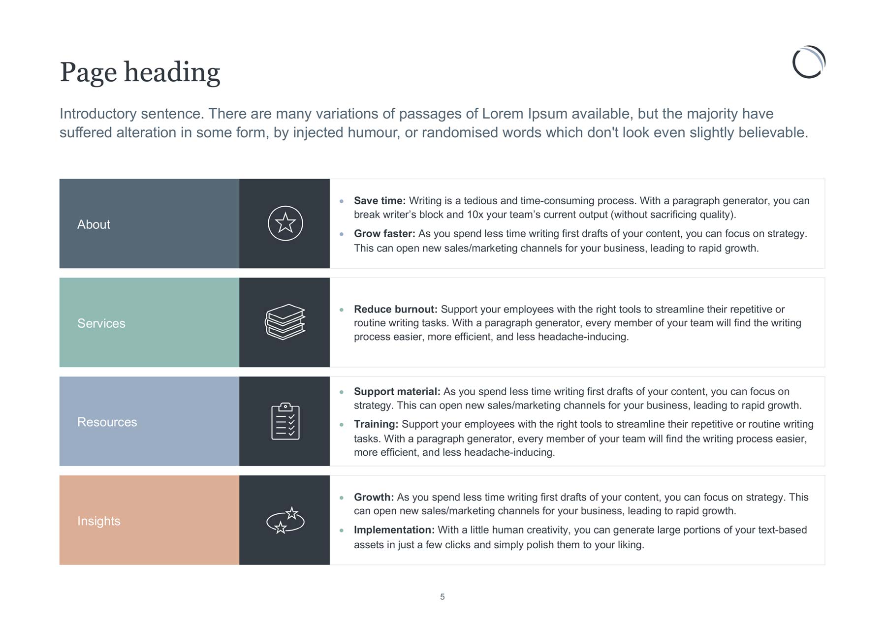 Redbridge Capital - A4 landscape PowerPoint document with 4 x infographic blocks with text