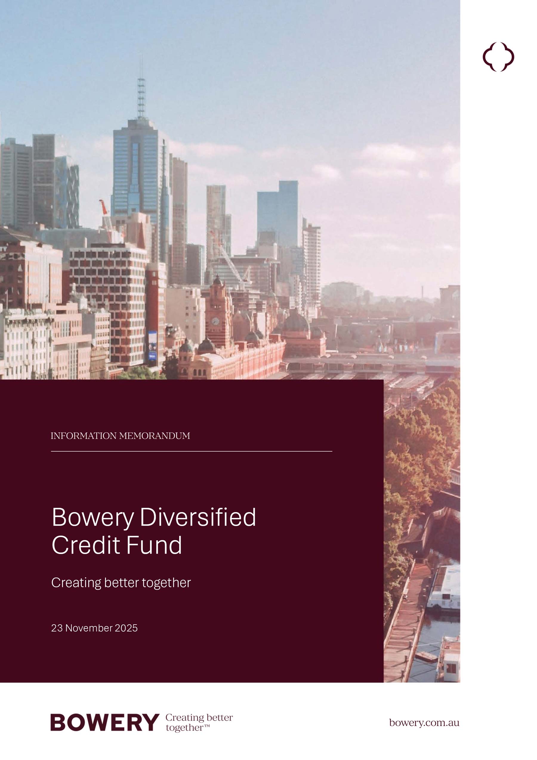 Bowery Capital a4 portrait front cover with burgundy block over image of Melbourne