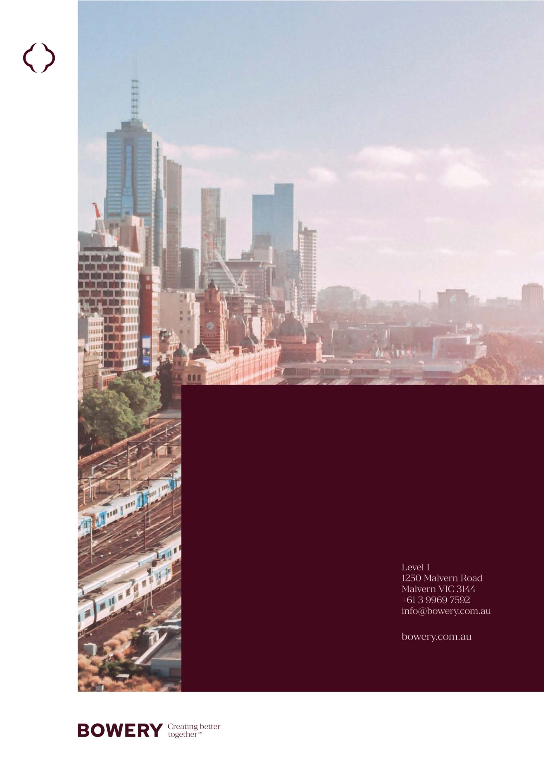 Bowery Capital A4 portrait back cover with burgundy block over image of Melbourne