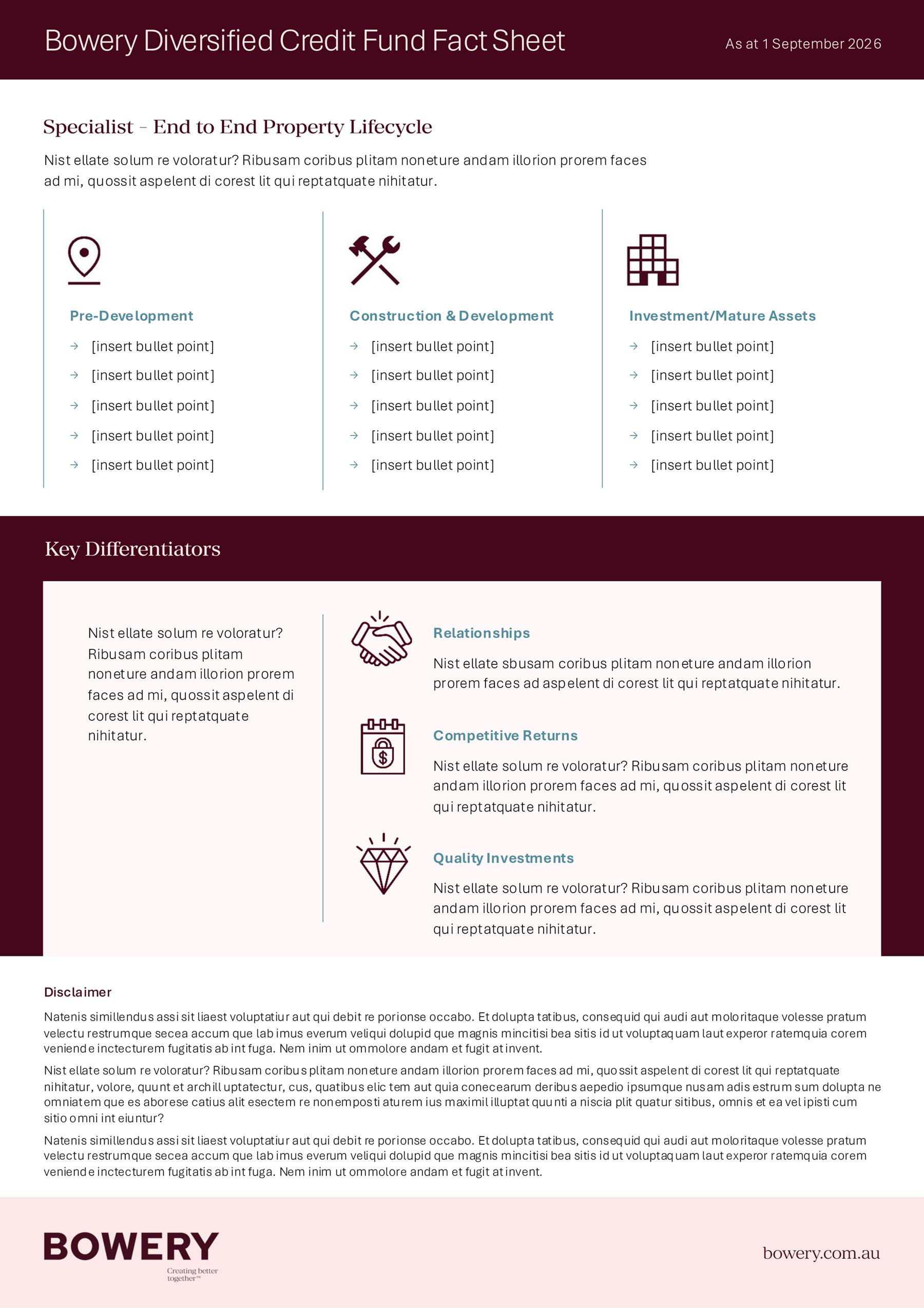 Bowery Capital A4 information update with pink and burgundy branding and the use of icons