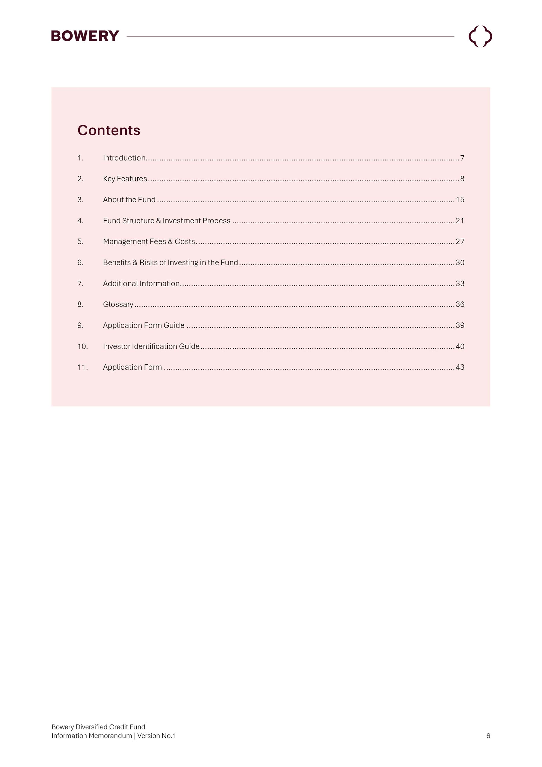 Bowery Capital contents page with pink background