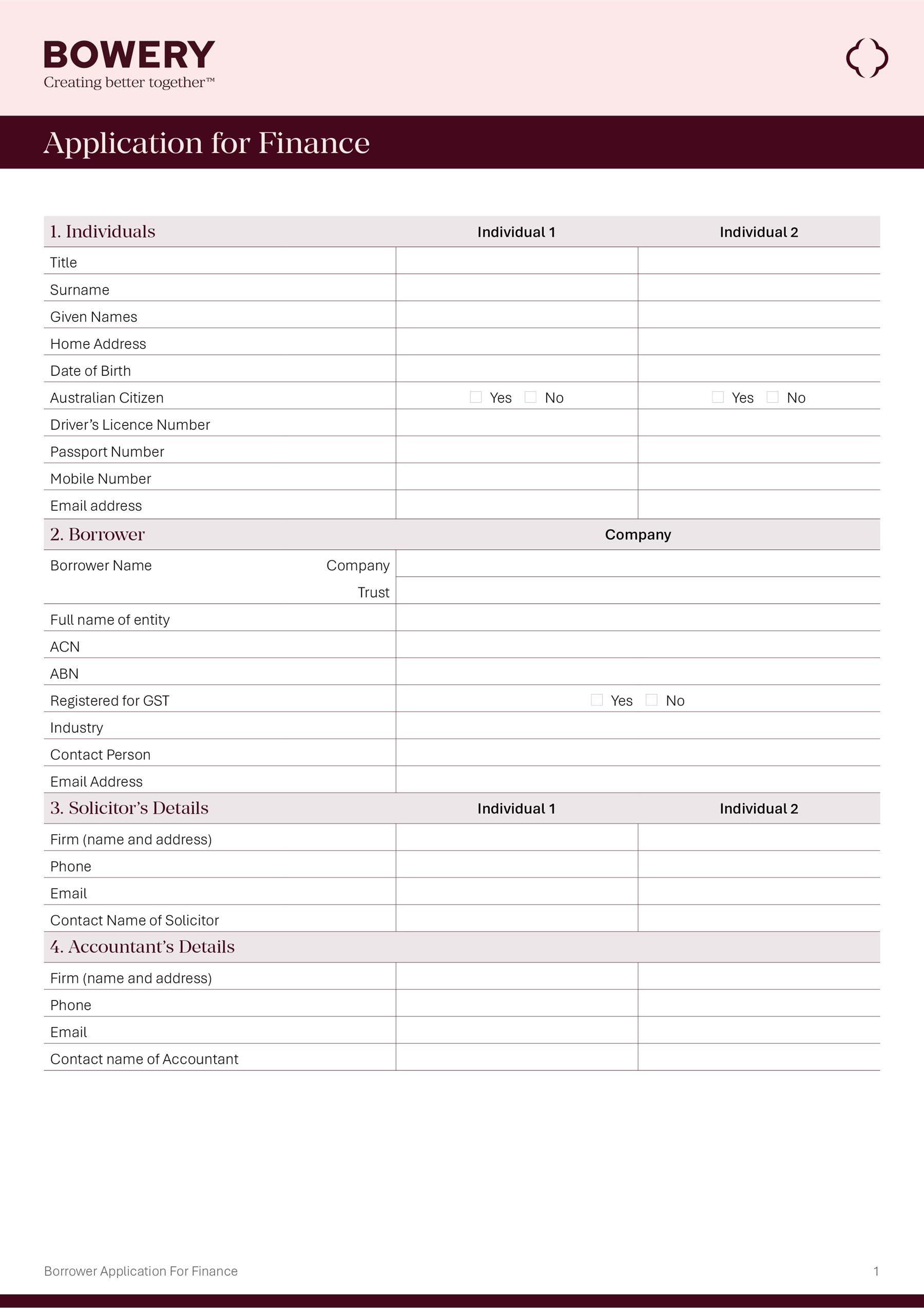 Bowery Capital A4 portrait form with pink and burgundy branding