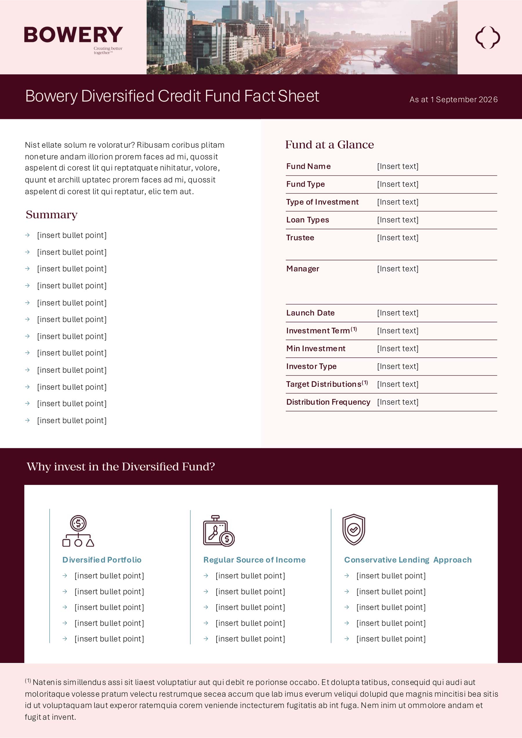Bowery Capital A4 information update with pink and burgundy branding, tables, text and the use of icons