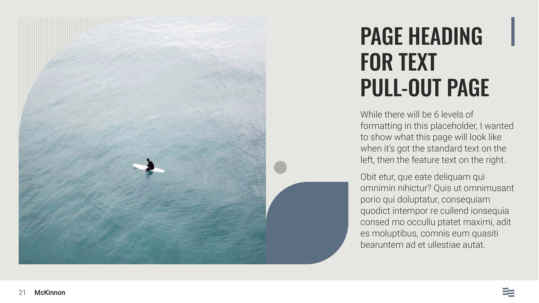 McKinnon widescreen PowerPoint template - feature text page with image of surfboard rider in the flat ocean with text on left