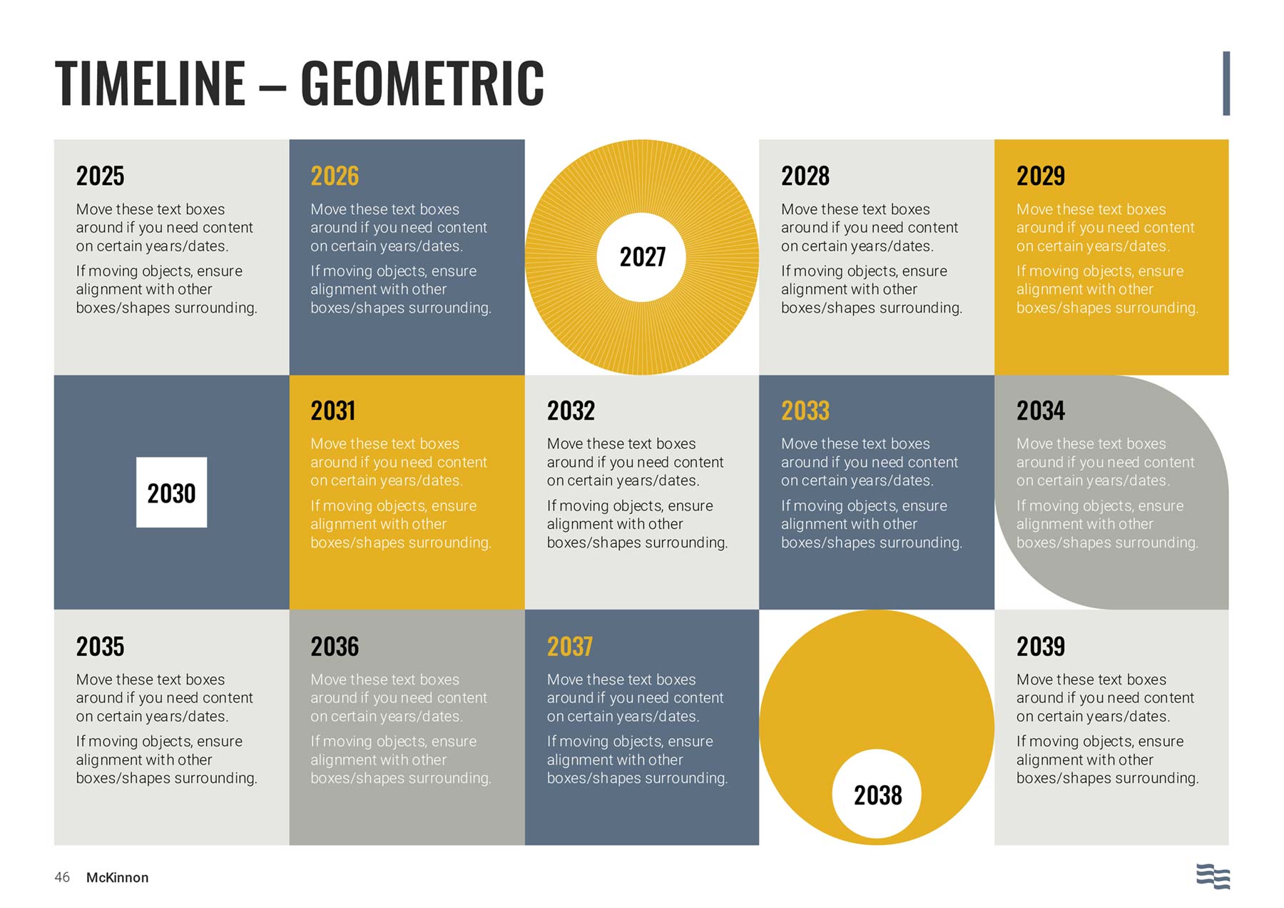 McKinnon A4 PowerPoint template - timeline graphic using geometric shapes