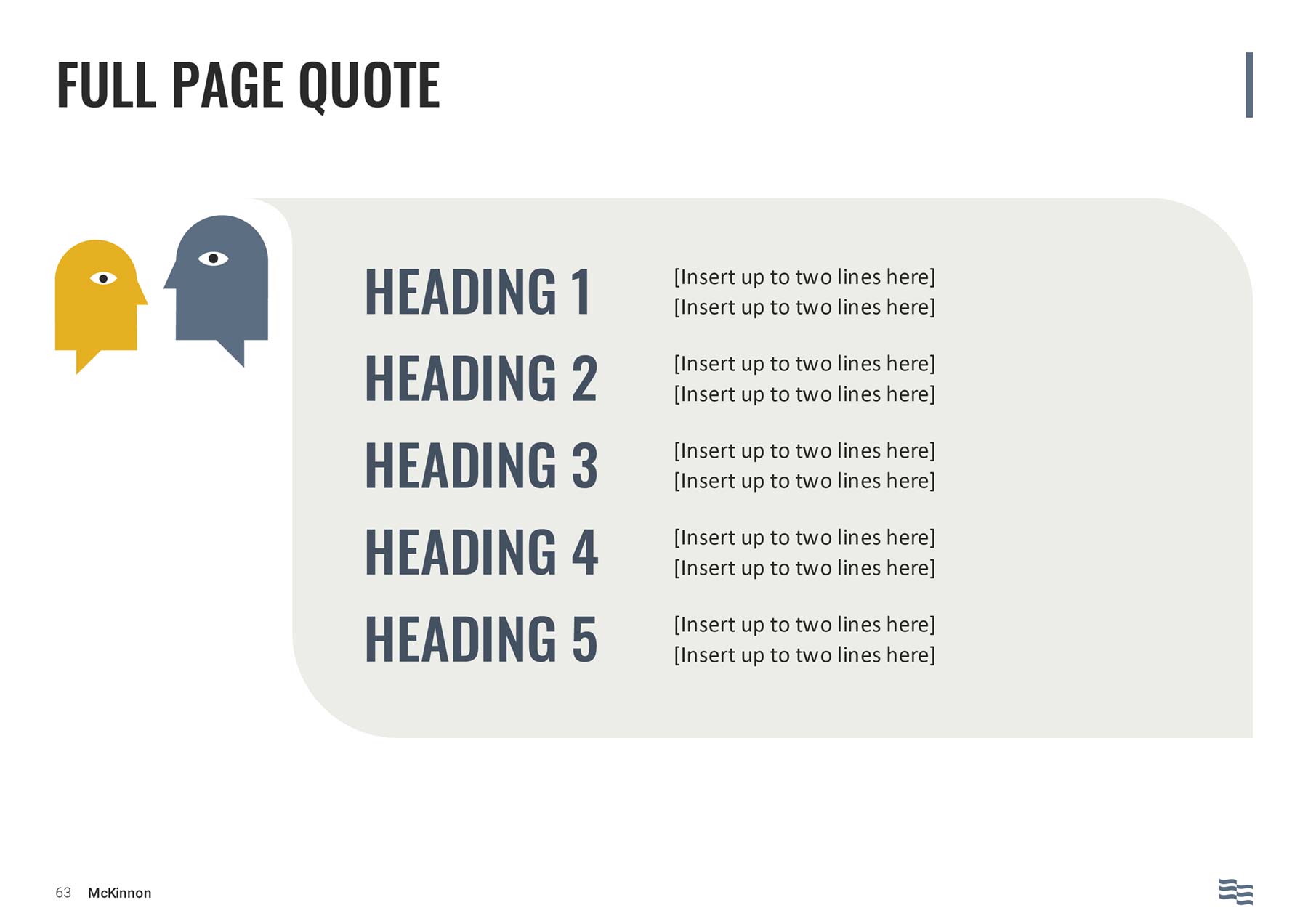 McKinnon widescreen PowerPoint template - 5 short headings and text with graphics of faces as quote boxes
