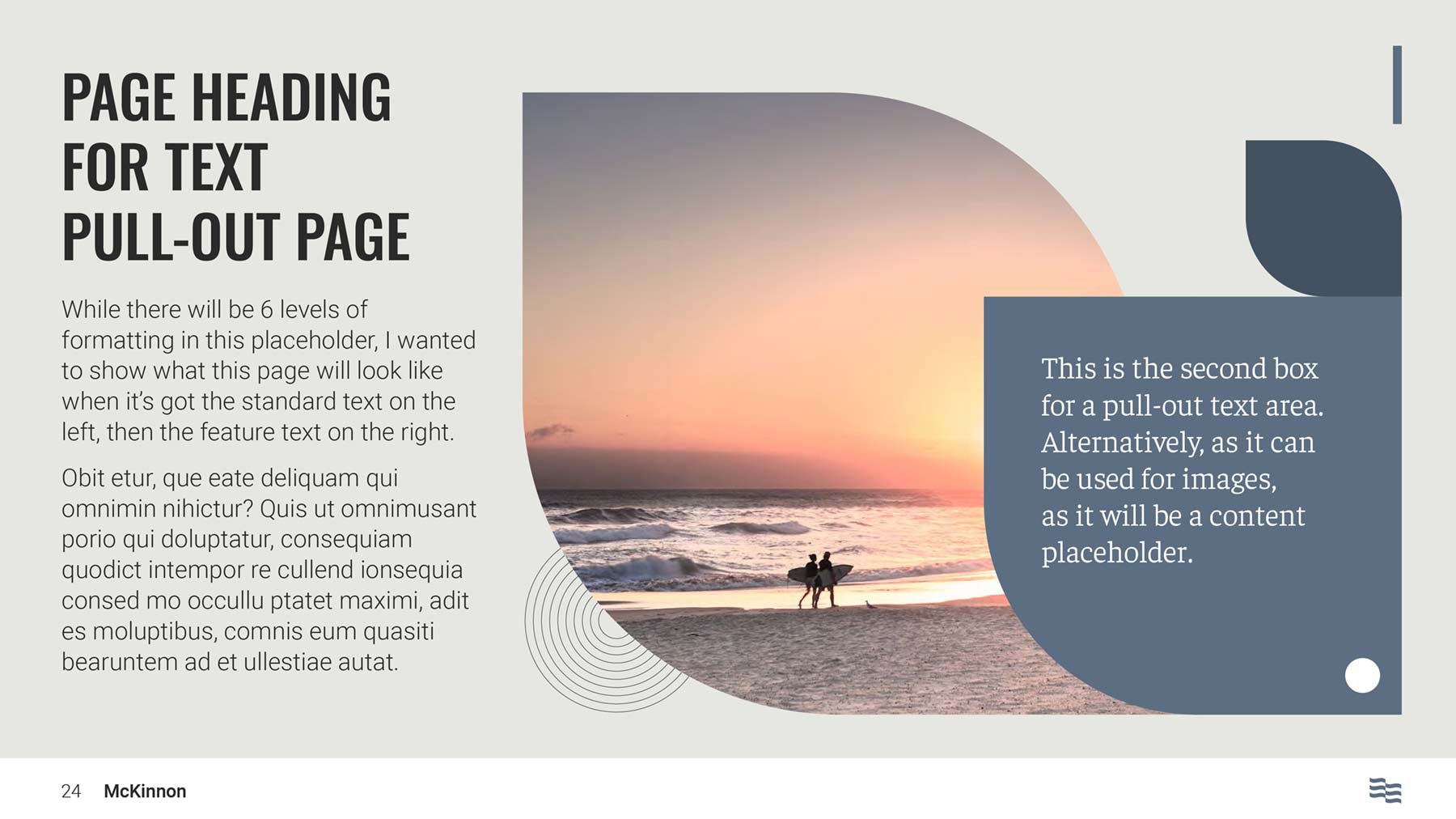 McKinnon widescreen PowerPoint template - feature text page with beach sunset image, text on either side.