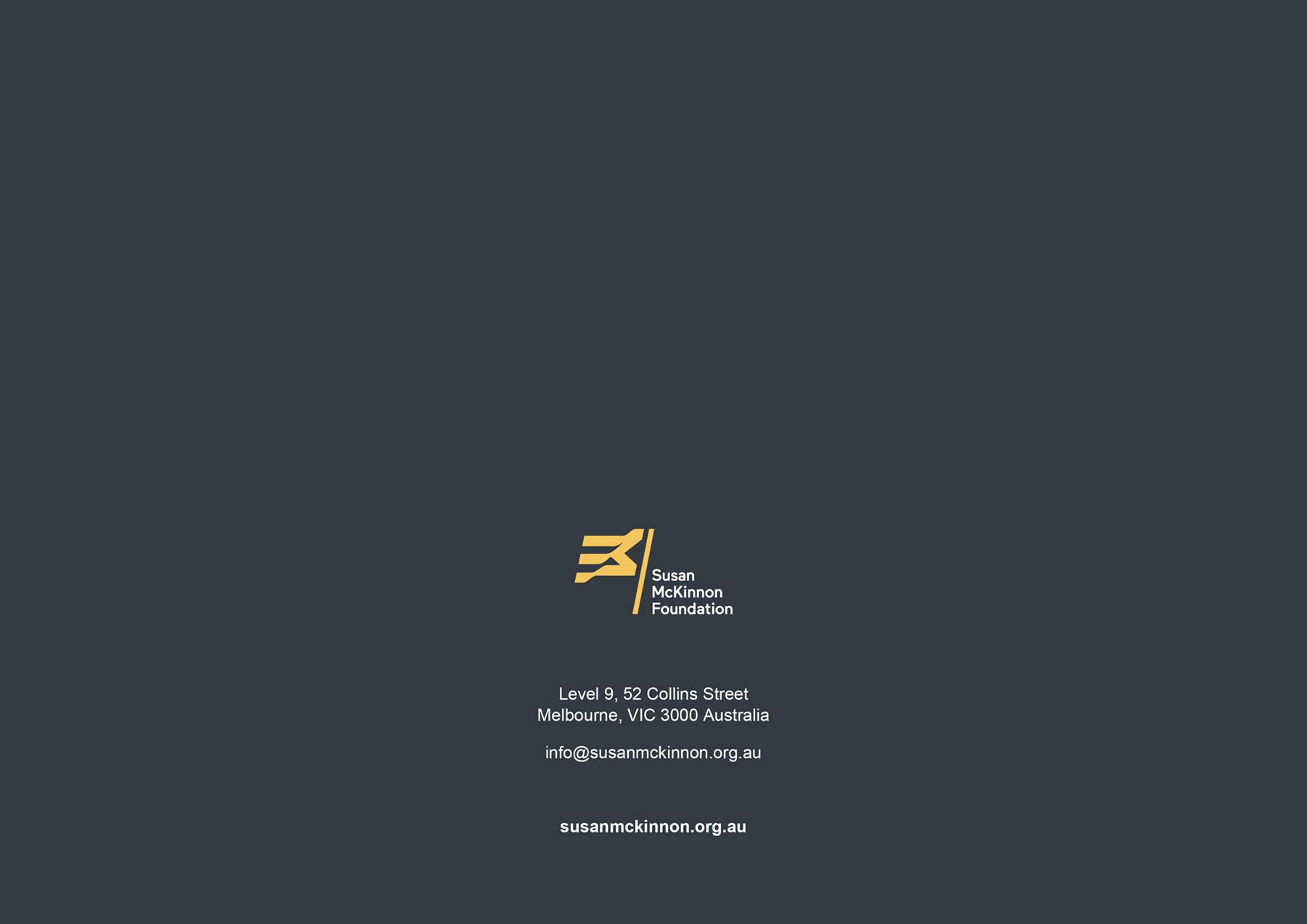 Susan McKinnon Foundation A4 landscape PowerPoint page - back cover with deep navy background, yellow logo and white address