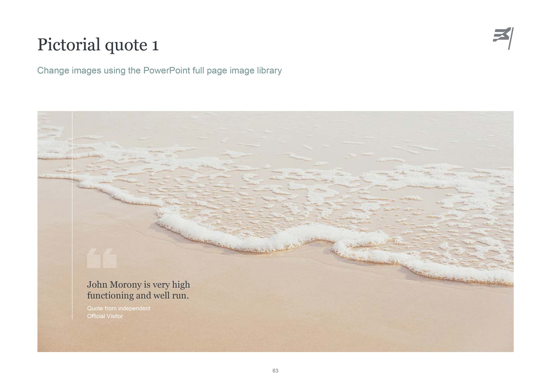 Susan McKinnon Foundation A4 landscape PowerPoint page - page with image of beach wave coming in on sand, and quote area