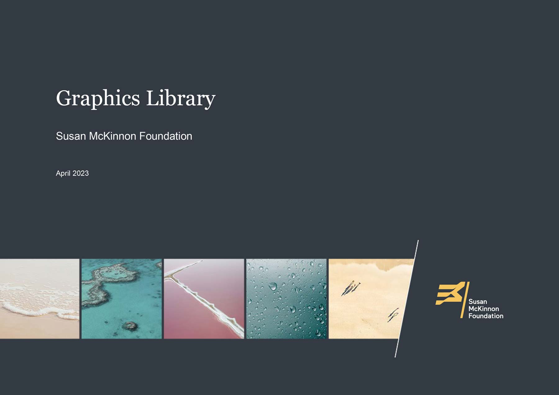 Susan McKinnon Foundation A4 landscape PowerPoint page - front cover with deep navy background, yellow log, white text, and 5 x images in square boxes at bottom of page