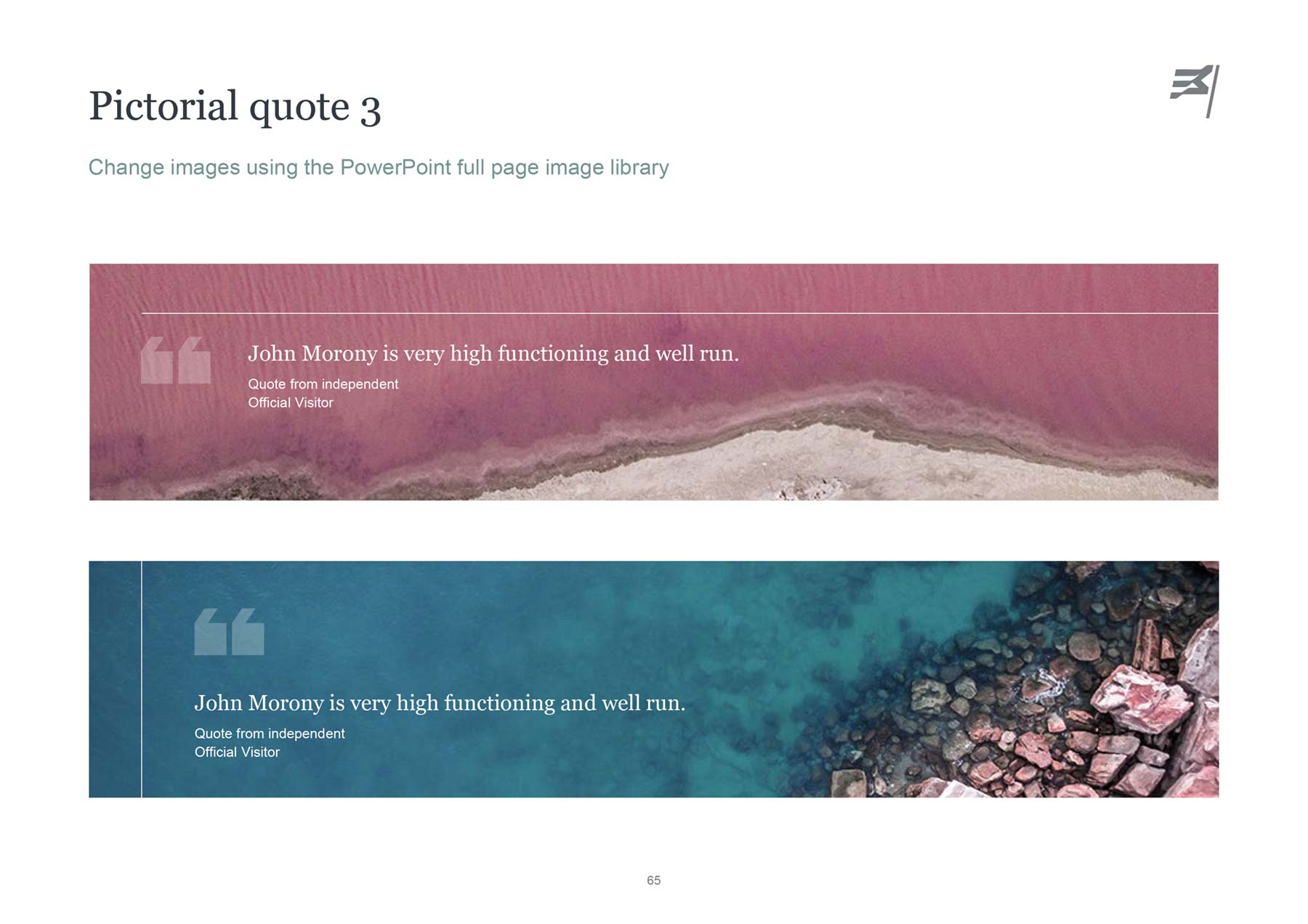Susan McKinnon Foundation A4 landscape PowerPoint page - page with 2 x quote boxes with one pink aerial image and one water blue aerial image, with allocation for text on both