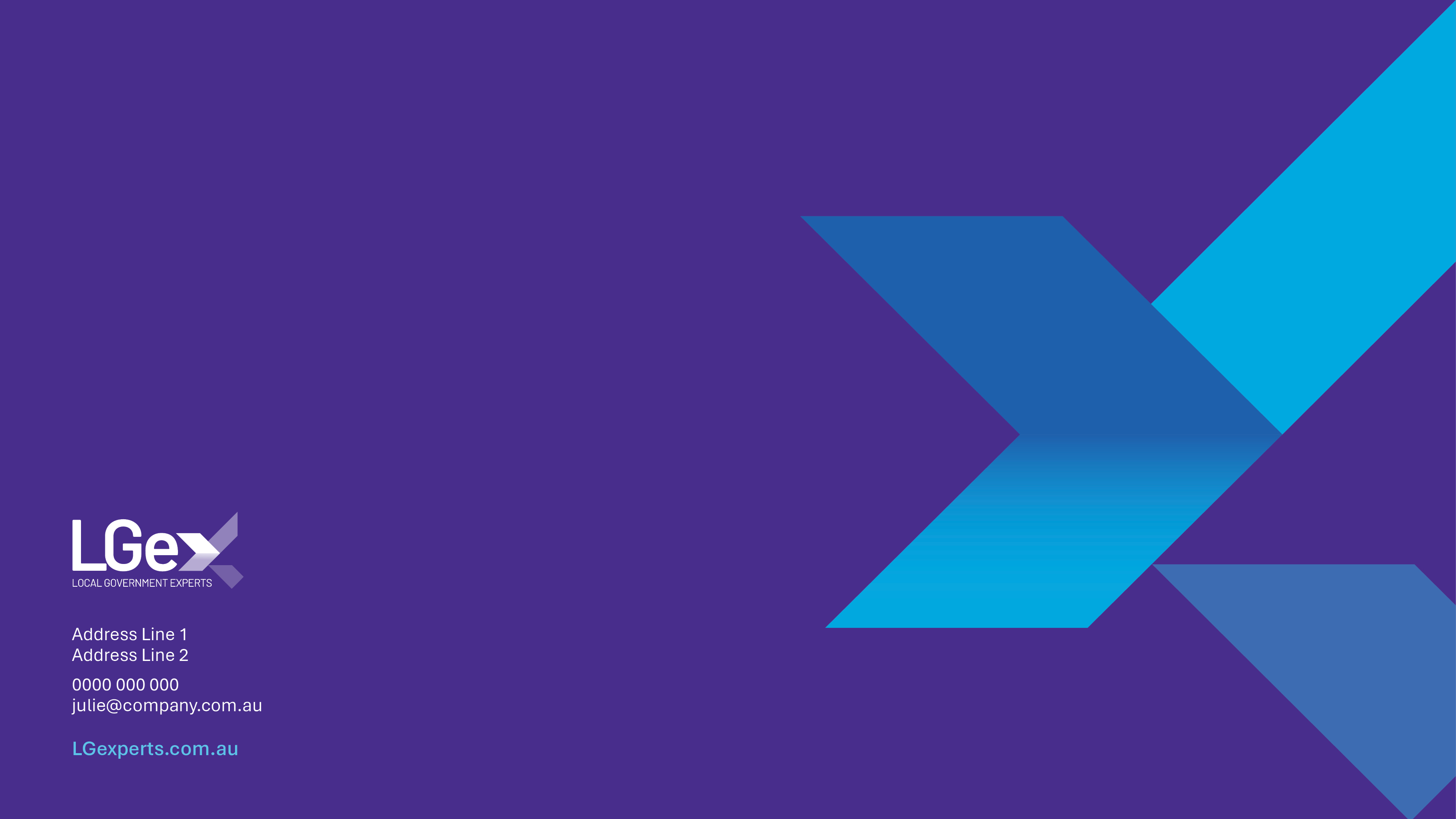 Local Government Experts - PowerPoint widescreen back cover with purple background and blue graphic cross with logo/address in bottom left corner.
