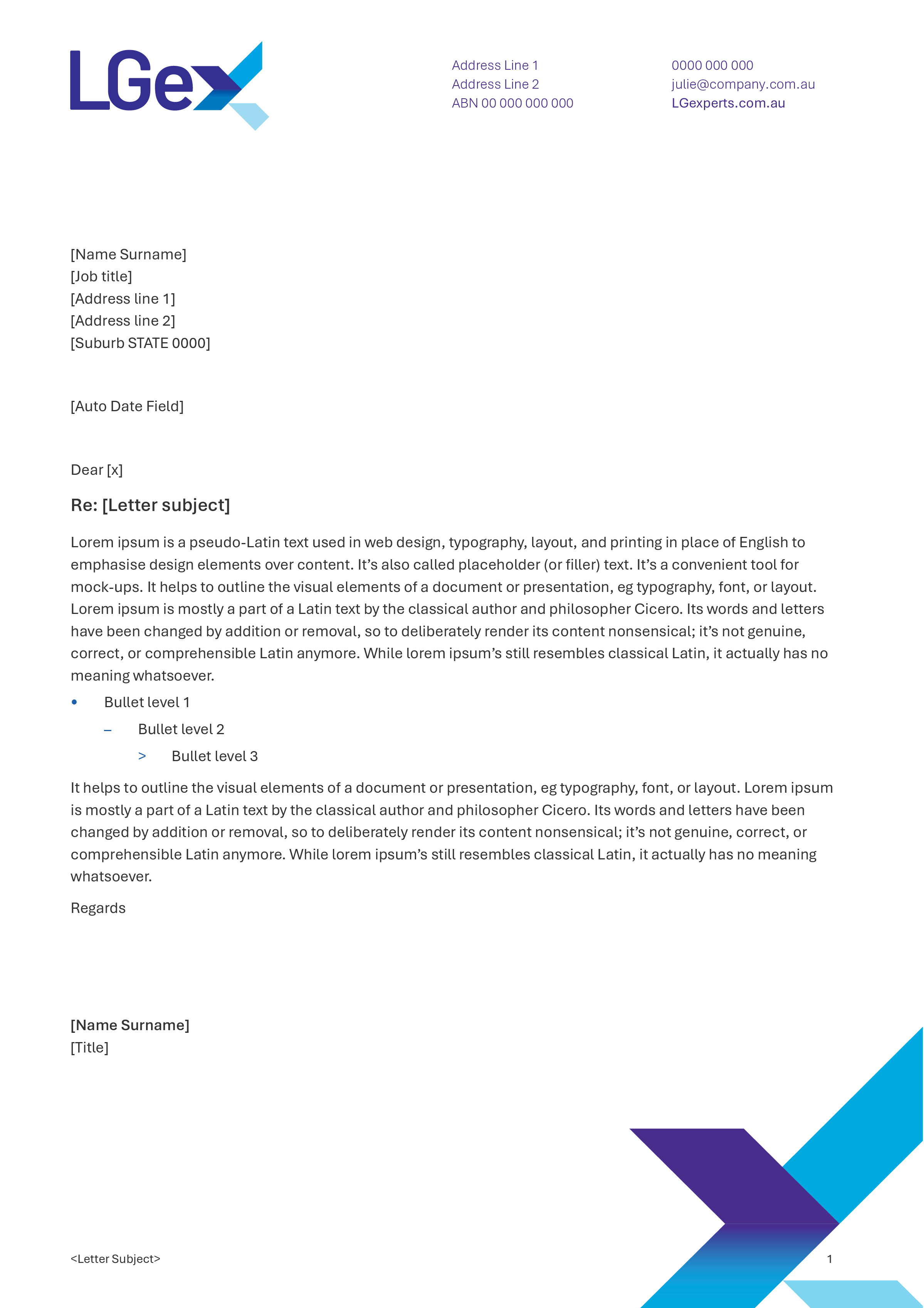 Local Government Experts - Word A4 letterhead with x graphic in bottom right corner and logo top left corner.