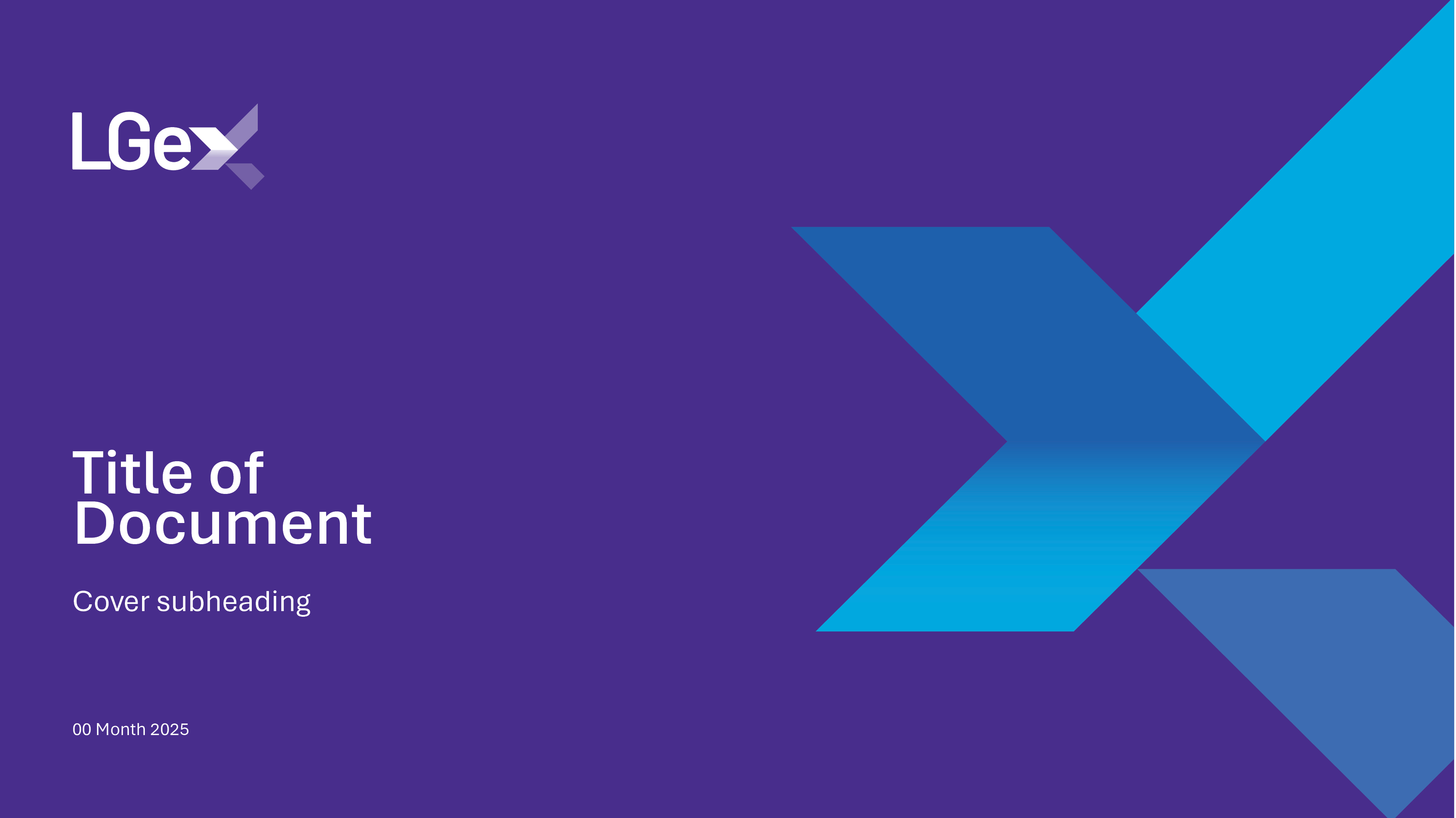 Local Government Experts - PowerPoint widescreen front cover with purple background and blue graphic cross with headings/logo on left hand side.